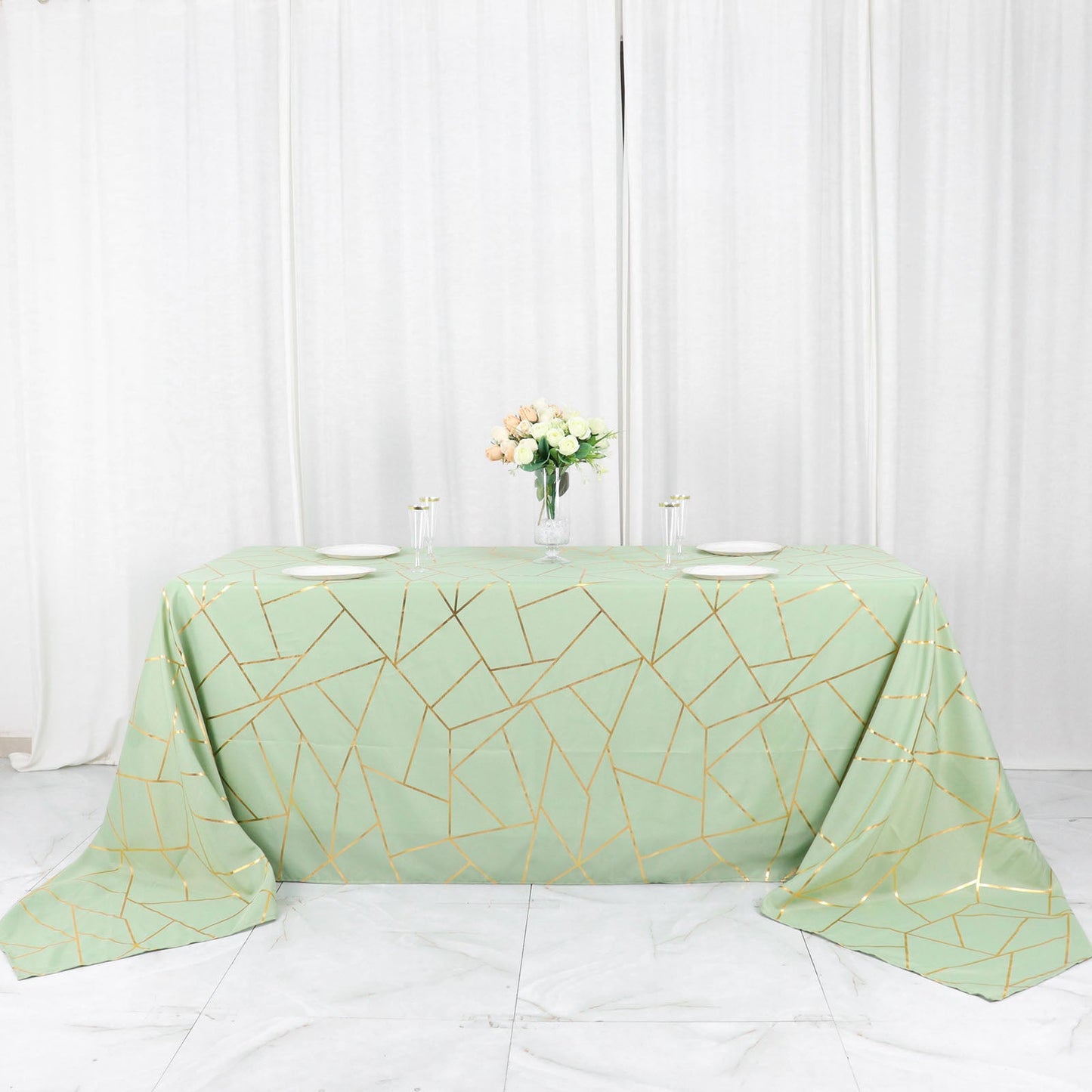 90"x156" Sage Green Seamless Rectangle Polyester Tablecloth With Gold Foil Geometric Pattern