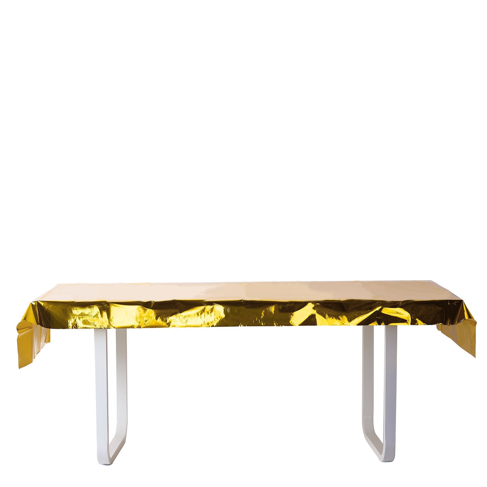 Gold metallic foil rectangle tablecloth on a white table.