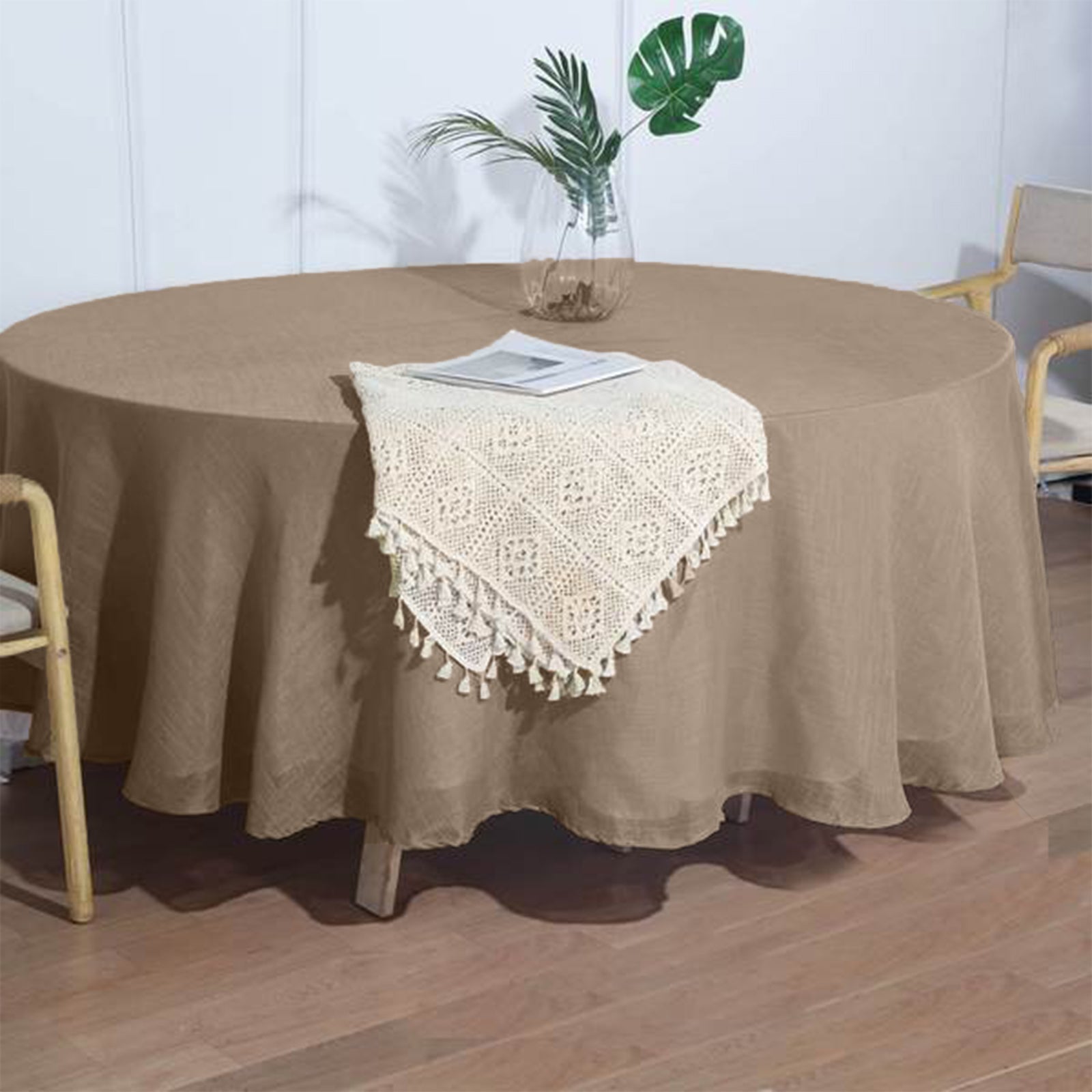 108 Inch Round Linen Tablecloth In Taupe With Slubby Texture 