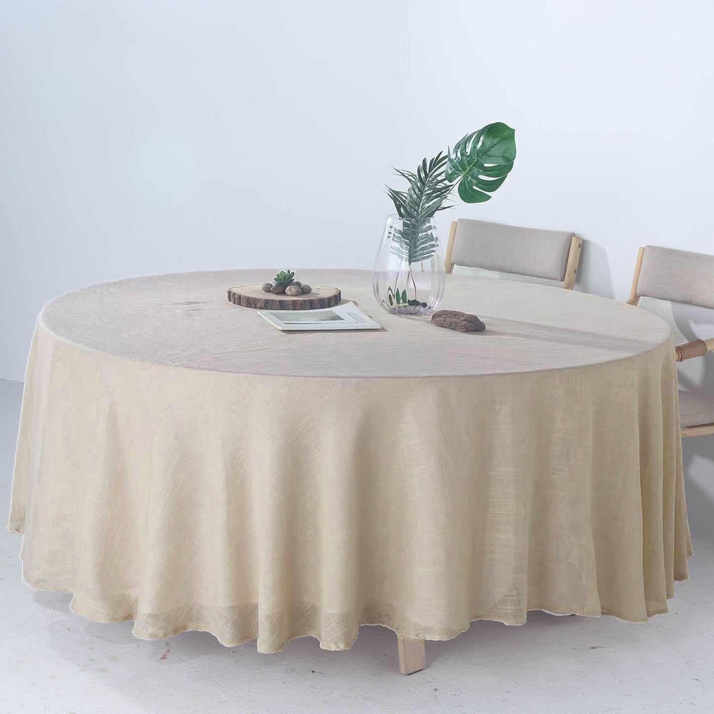 108" Beige Linen Round Tablecloth, Slubby Textured Wrinkle Resistant Tablecloth