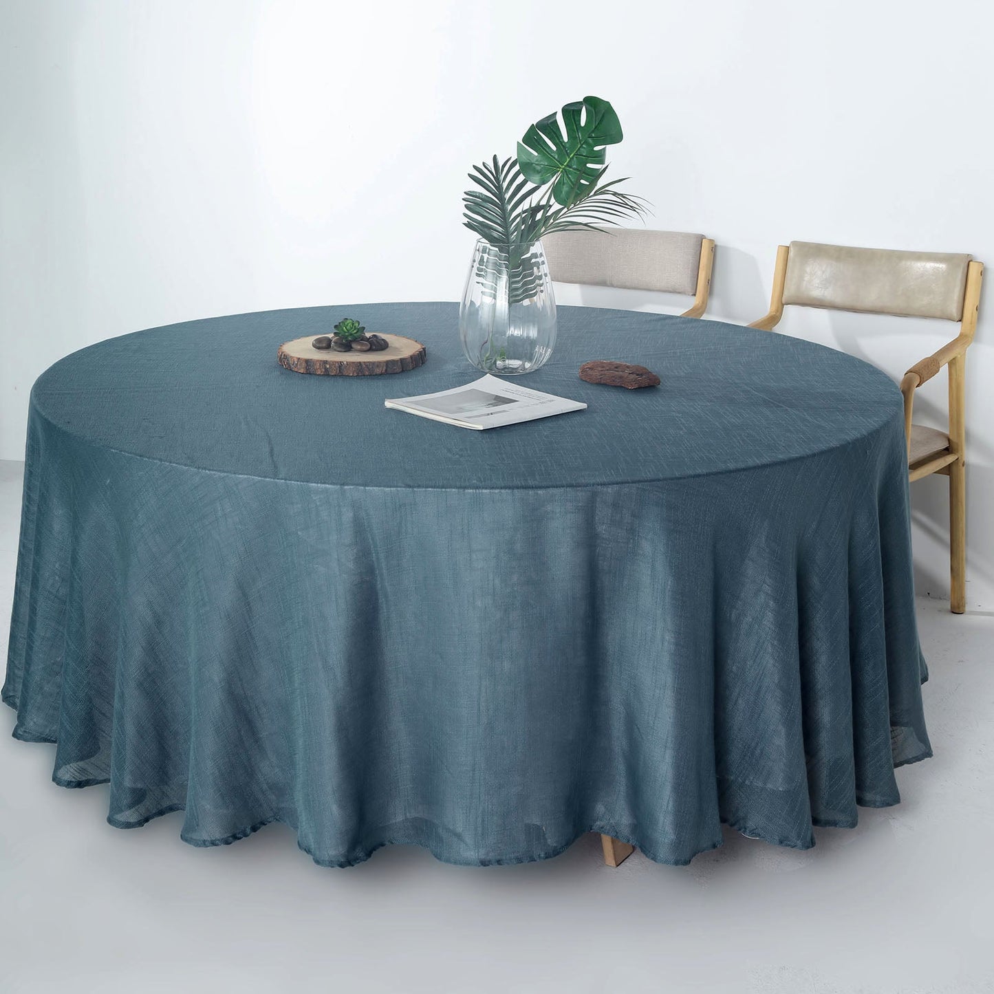 108" Blue Linen Round Tablecloth, Slubby Textured Wrinkle Resistant Tablecloth