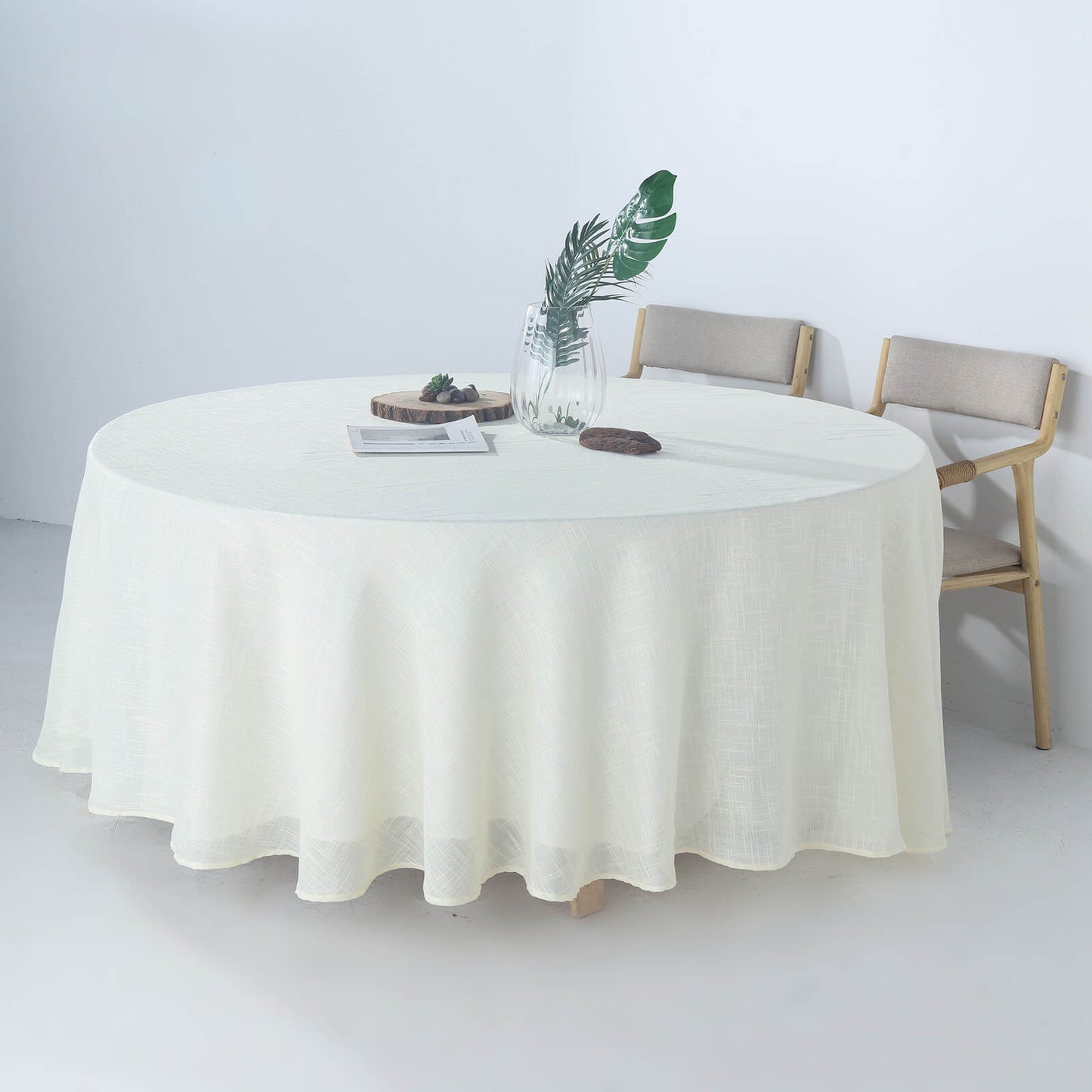 108" White Linen Round Tablecloth, Slubby Textured Wrinkle Resistant Tablecloth