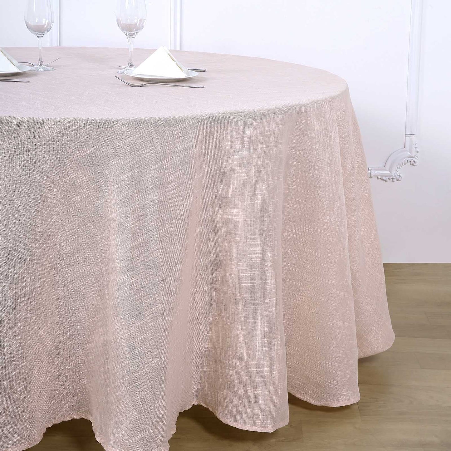 120 Inch Round Tablecloth Blush Rose Gold Linen Slubby Textured Wrinkle Resistant