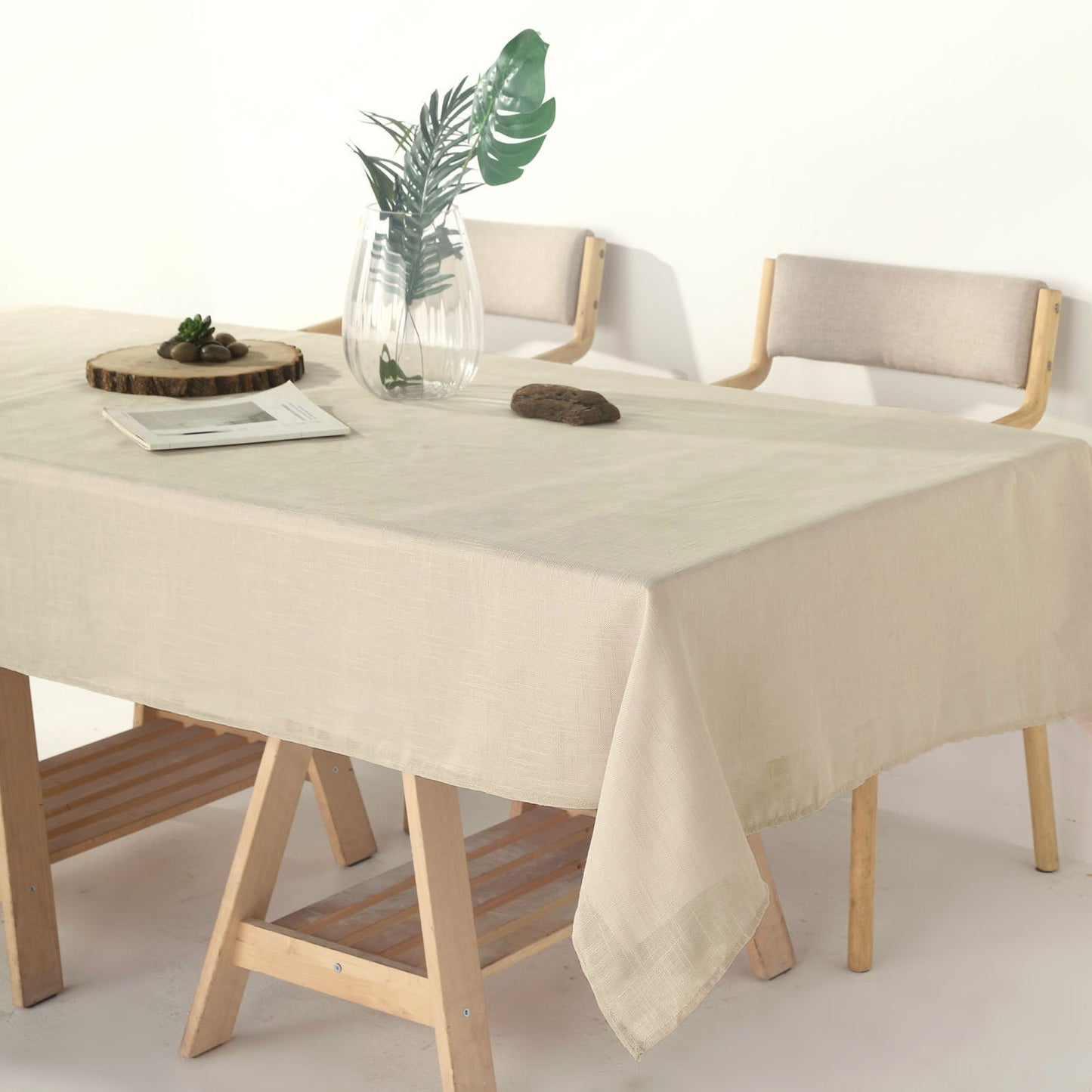 60"x102" Beige Rectangular Tablecloth, Linen Table Cloth With Slubby Textured, Wrinkle Resistant