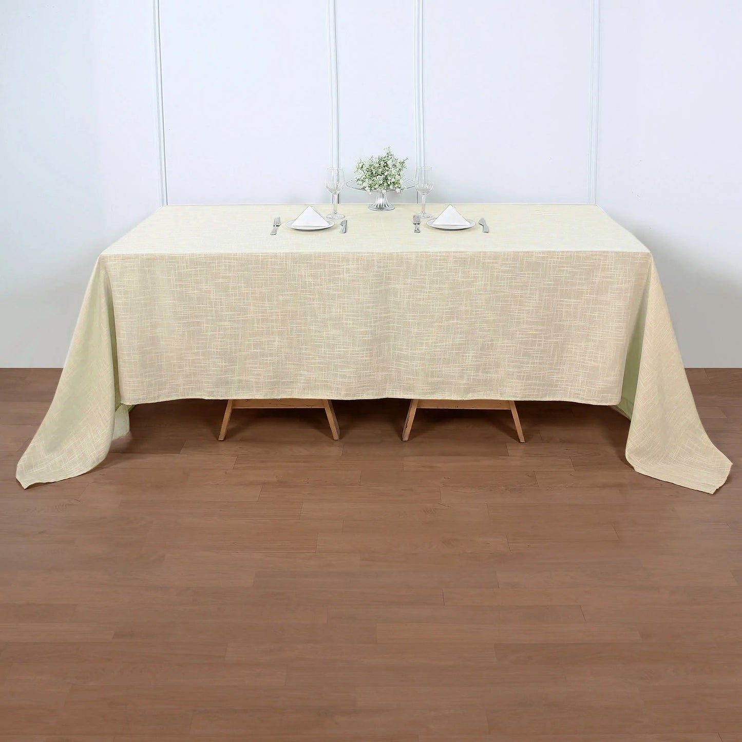 Beige Rectangular Linen Tablecloth 90 Inch x 132 Inch Wrinkle Resistant With Slubby Texture