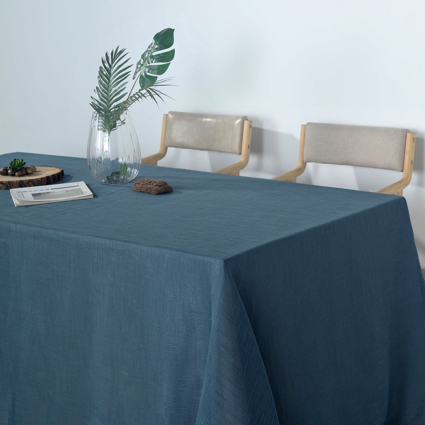 Wrinkle Resistant Blue Linen Rectangular Table Cover 90 Inch x 132 Inch With Slubby Texture