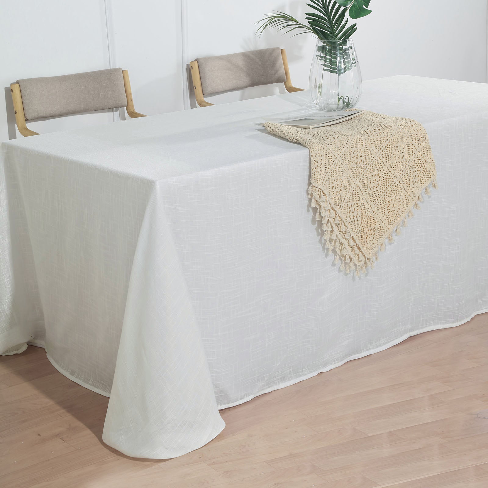 Slubby Textured White Rectangular Linen Tablecloth 90 Inch x 132 Inch Wrinkle Resistant