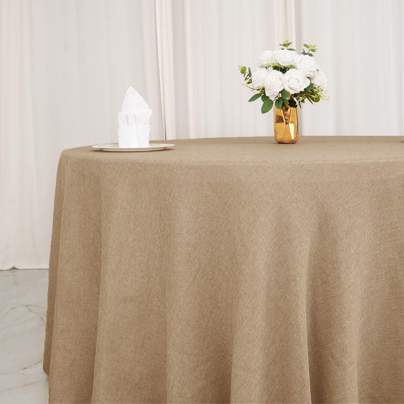 Round Natural Boho Chic Jute Faux Burlap Tablecloth 108 Inch