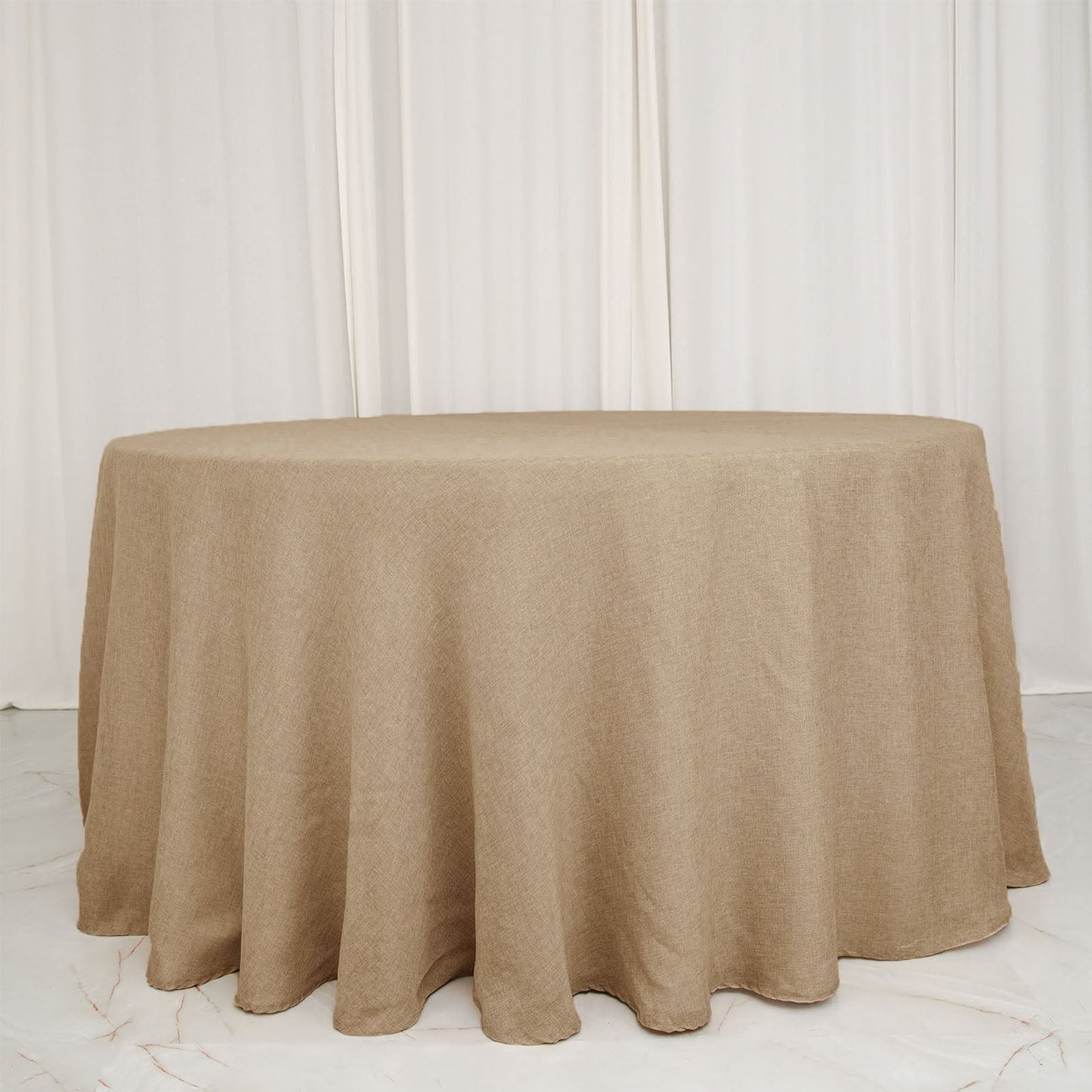 108" Natural Faux Burlap Round Tablecloth, Boho Chic Jute Table Linen for 4 Foot Table With Floor-Length Drop