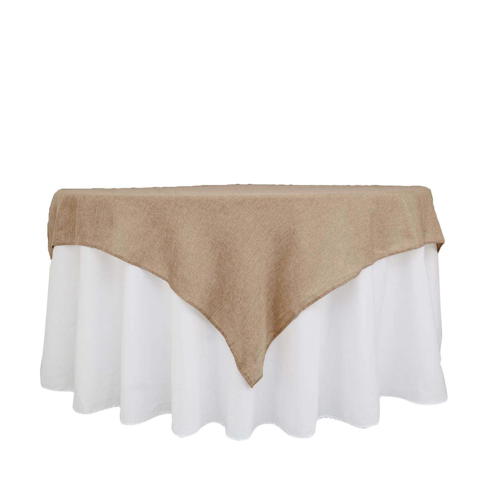 Natural faux burlap square table overlay in boho chic style.