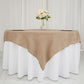 Natural faux burlap square table overlay on a white tablecloth.