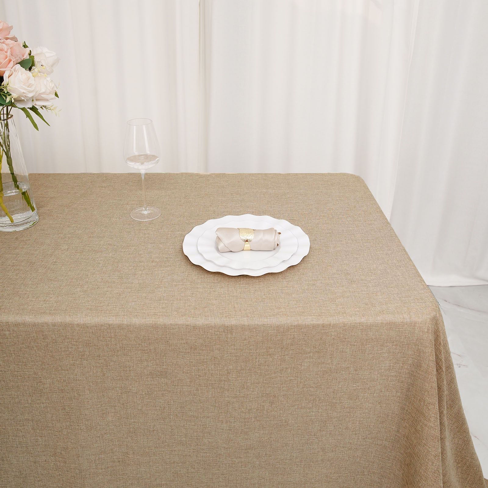 Natural Faux Jute Burlap Linen Boho Chic Rustic Rectangular Tablecloth 90 Inch x 132 Inch
