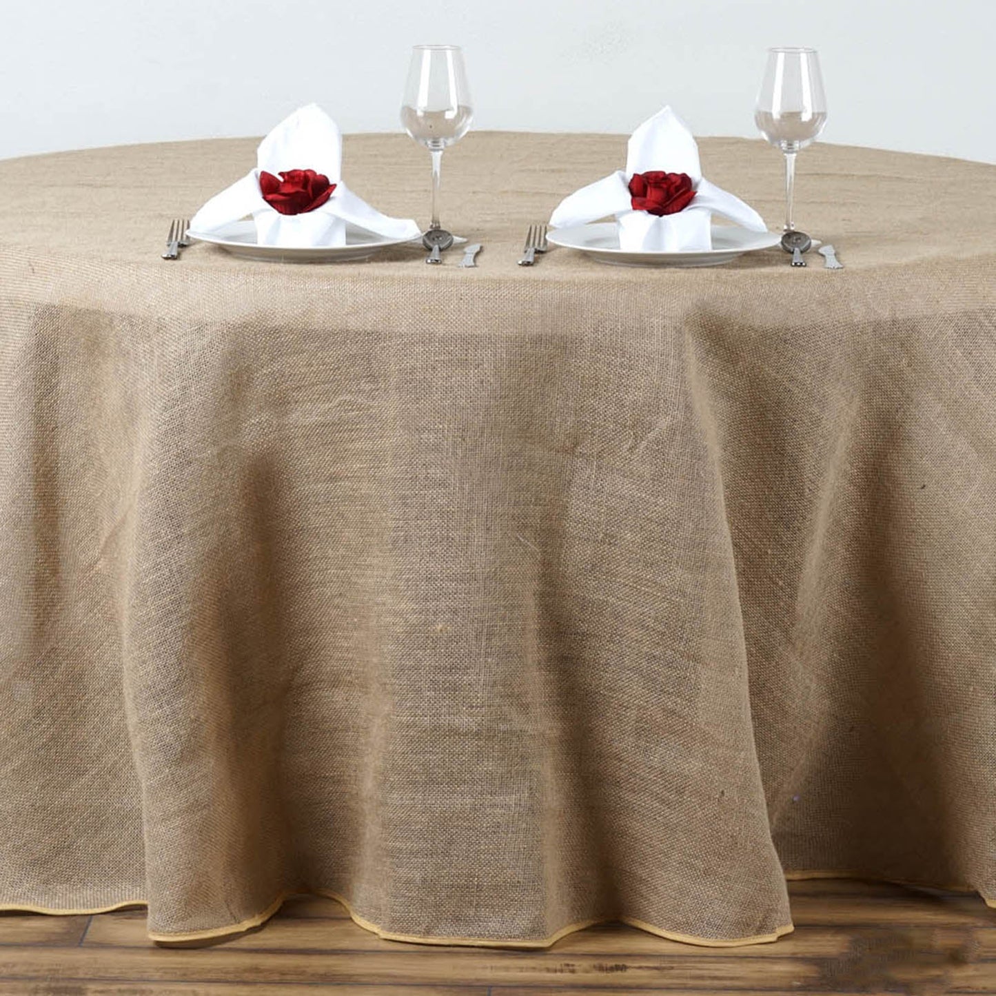 108" Natural Rustic Burlap Round Tablecloth, Boho Chic Jute Table Linen for 4 Foot Table With Floor-Length Drop