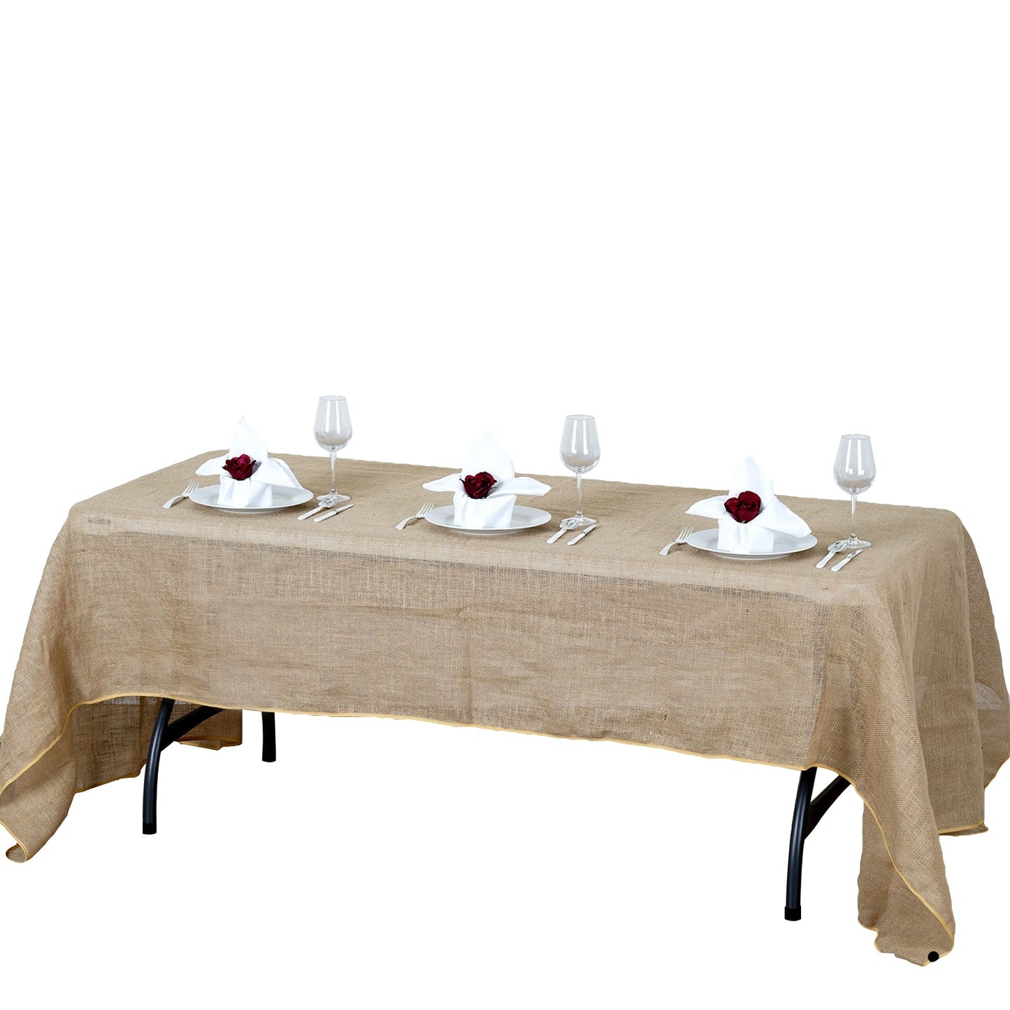 Natural rustic burlap tablecloth for elegant boho chic settings.