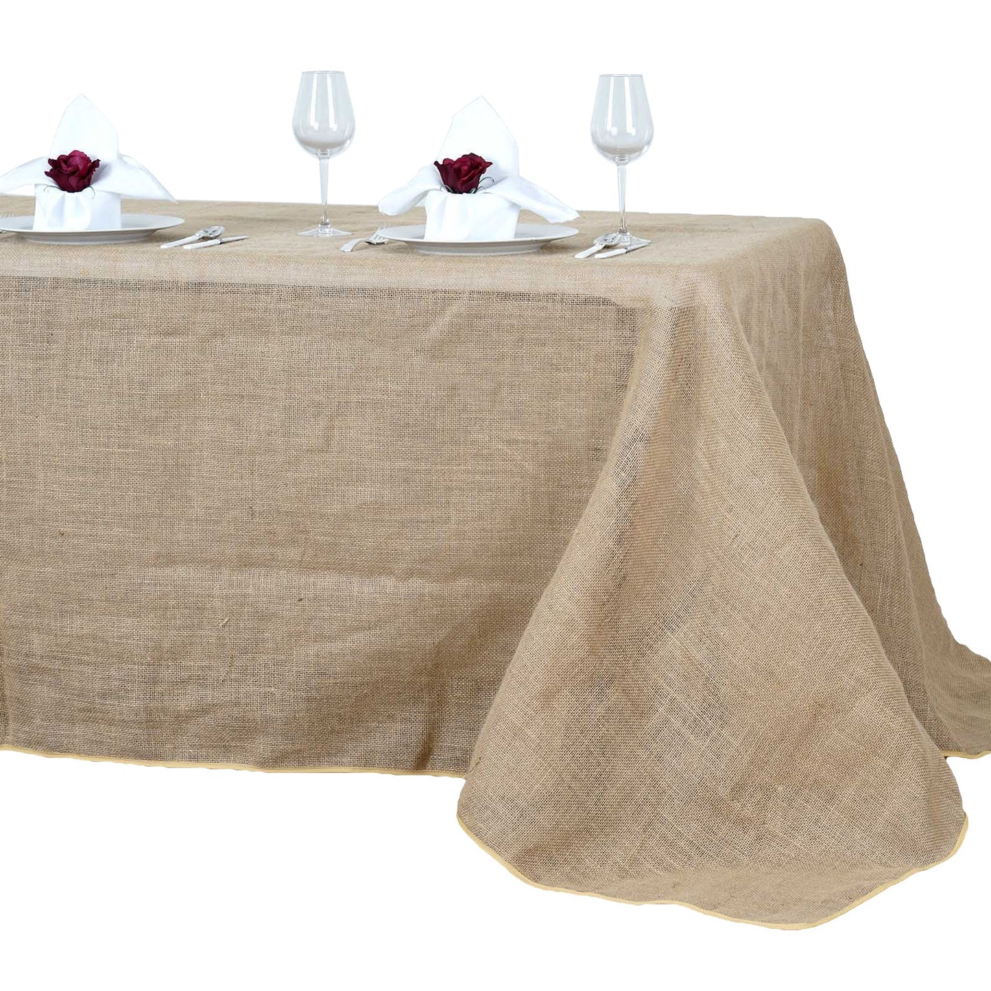 Natural burlap rectangle tablecloth for rustic decor.