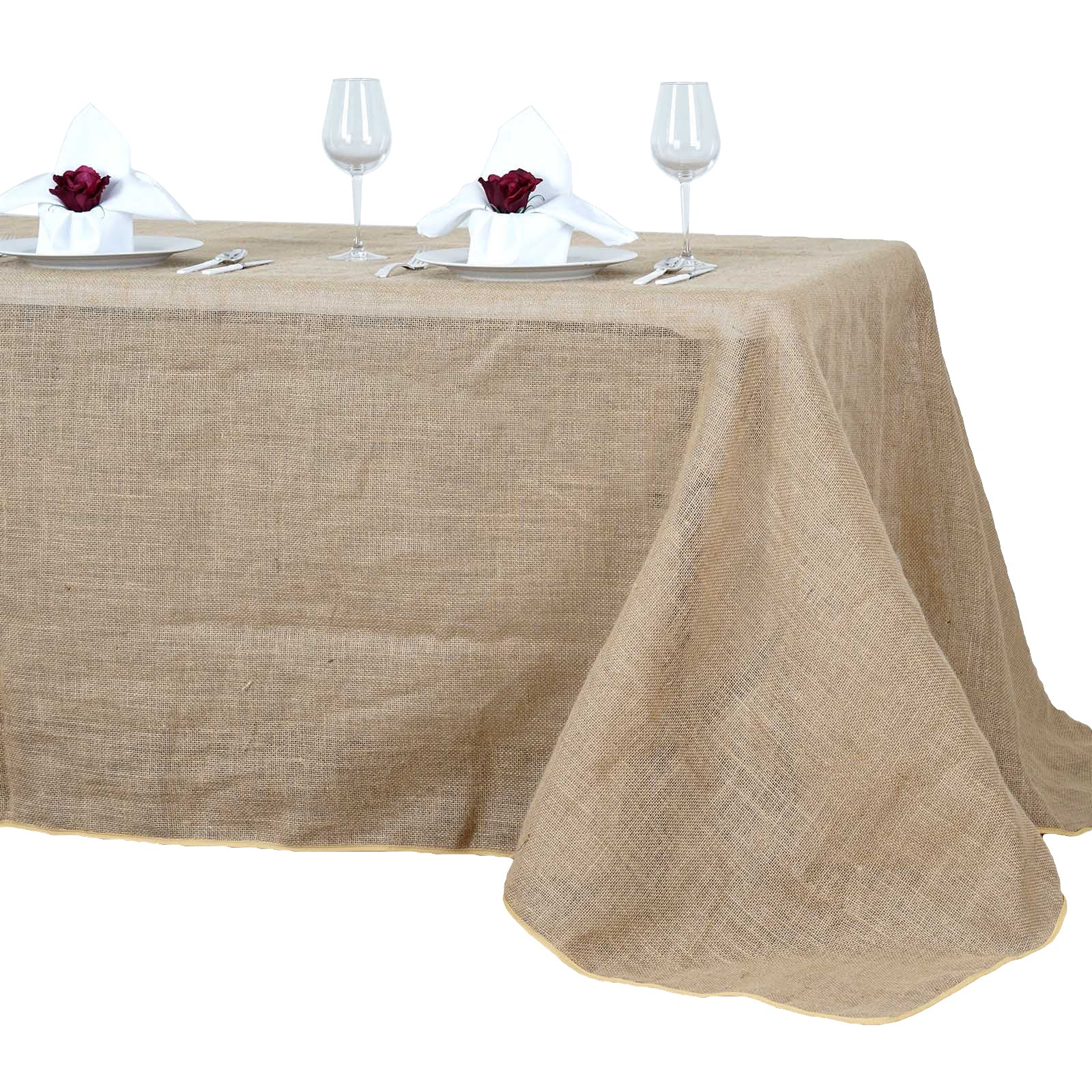 Natural burlap rectangle tablecloth for rustic decor.
