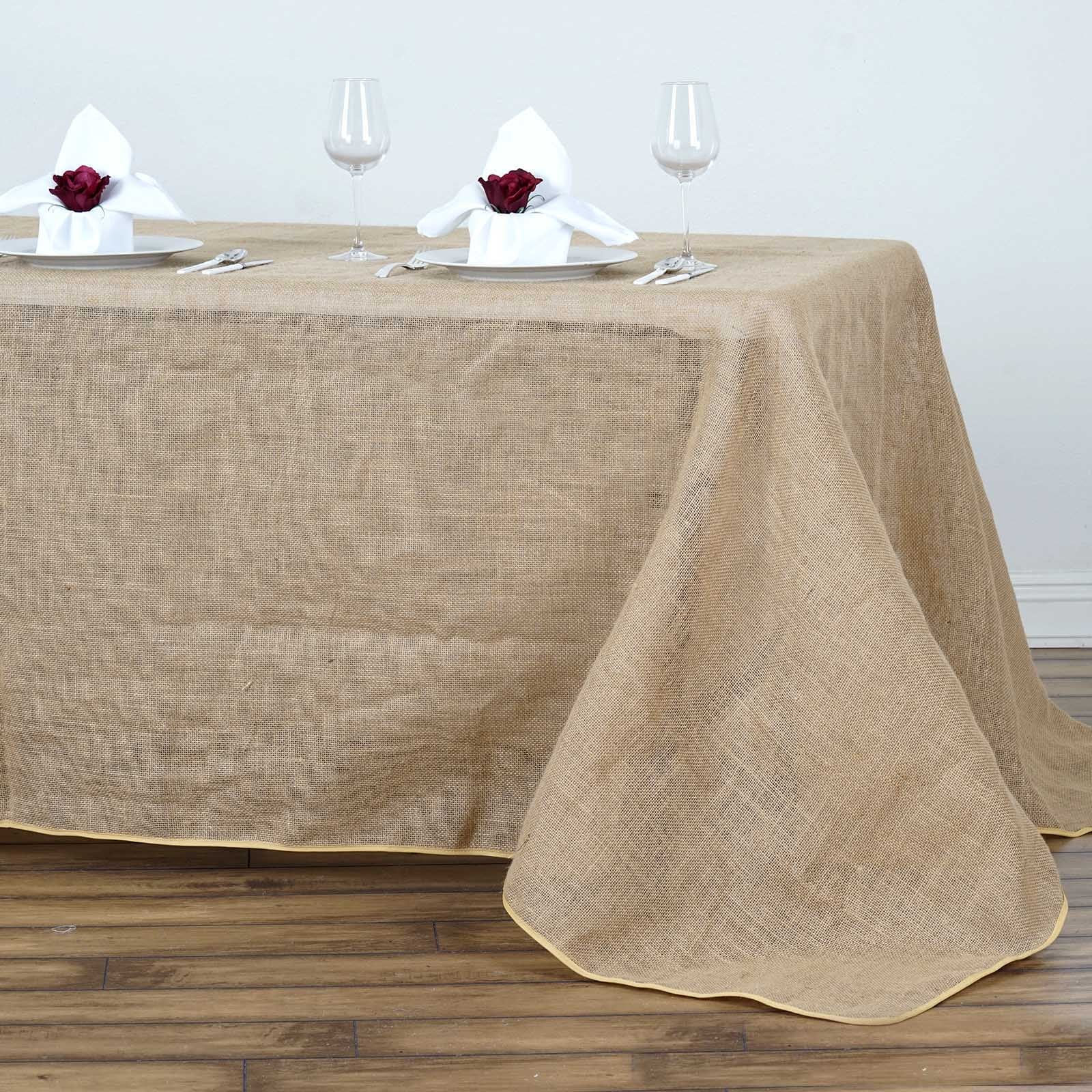 Natural burlap rectangle tablecloth for 8-foot table with floor-length drop.