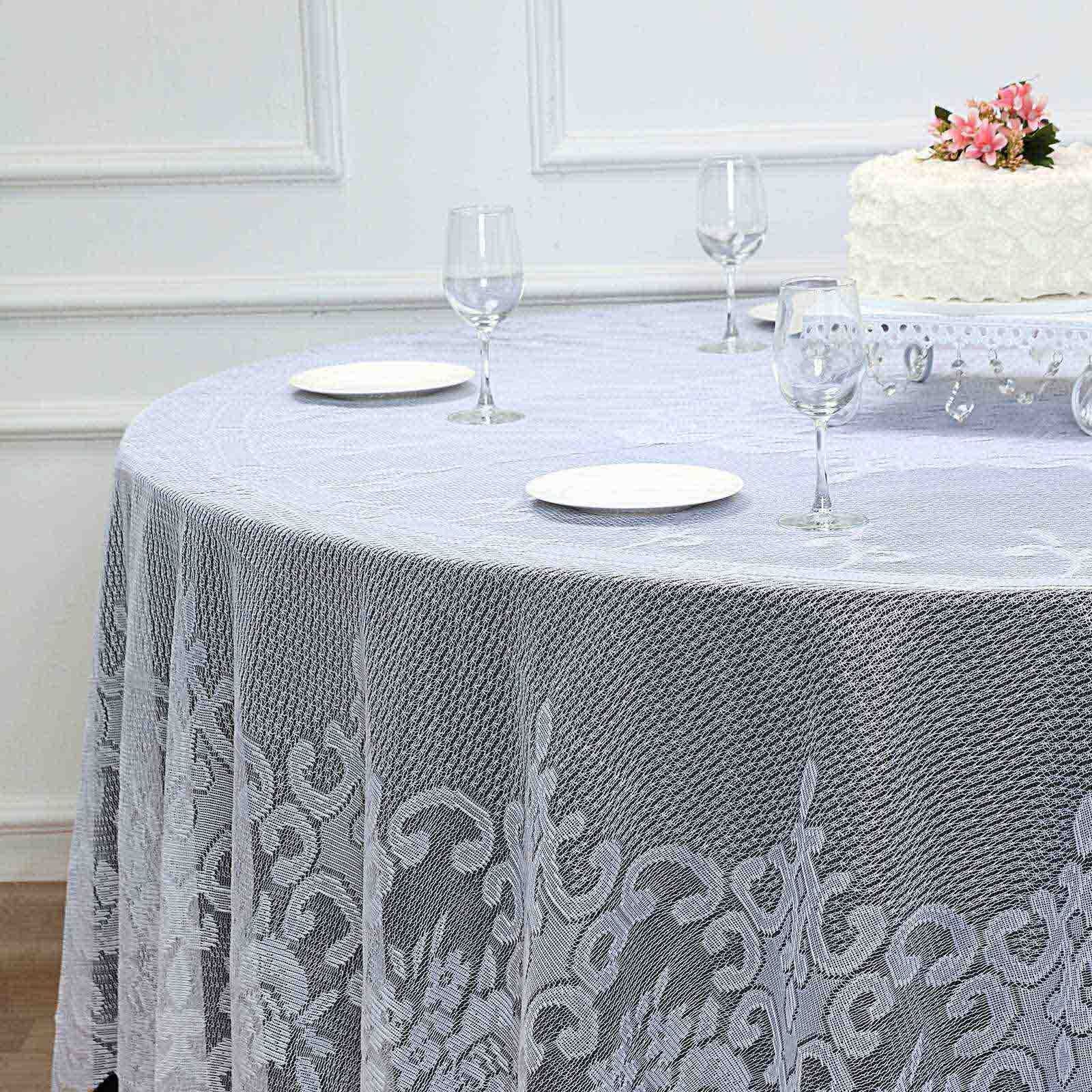 120 Inch White Round Tablecloth in Premium Lace