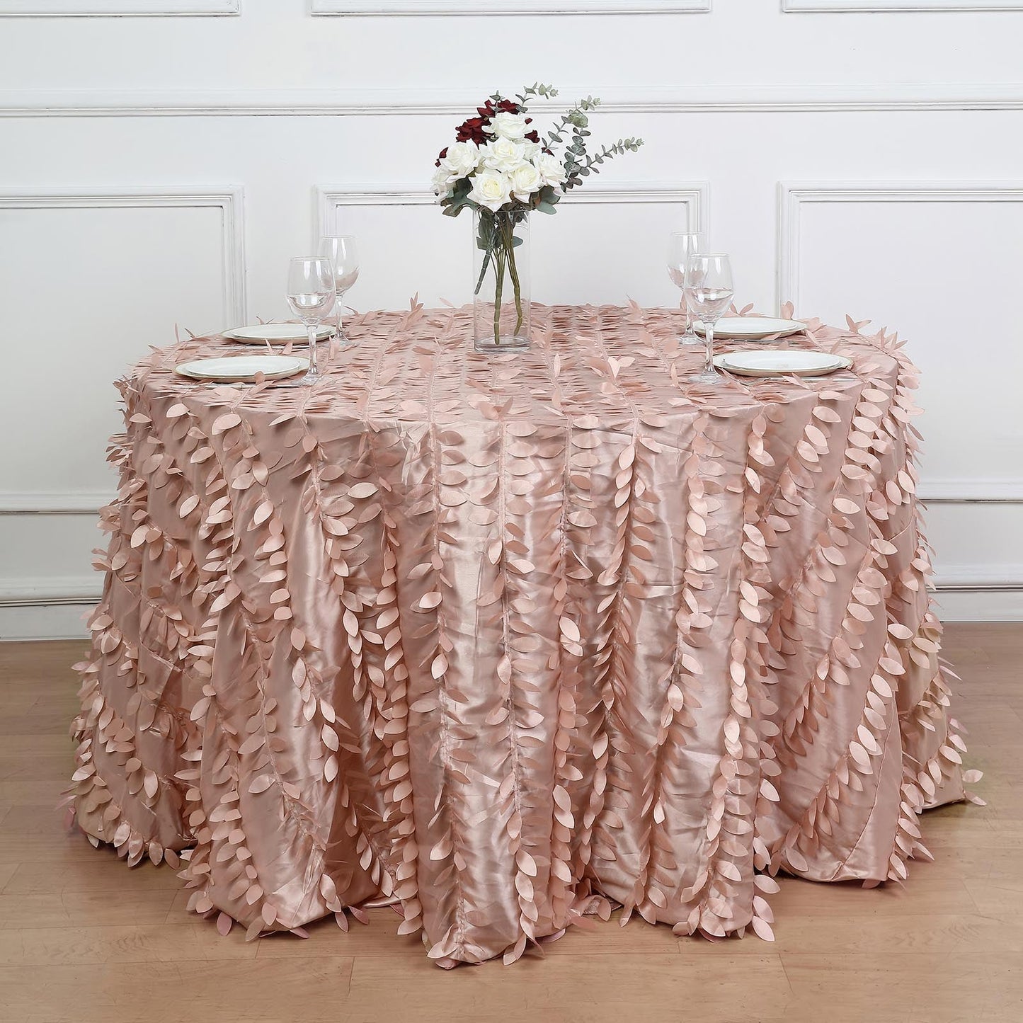 120 Inch Dusty Rose Round Taffeta Tablecloth With Leaf Petals