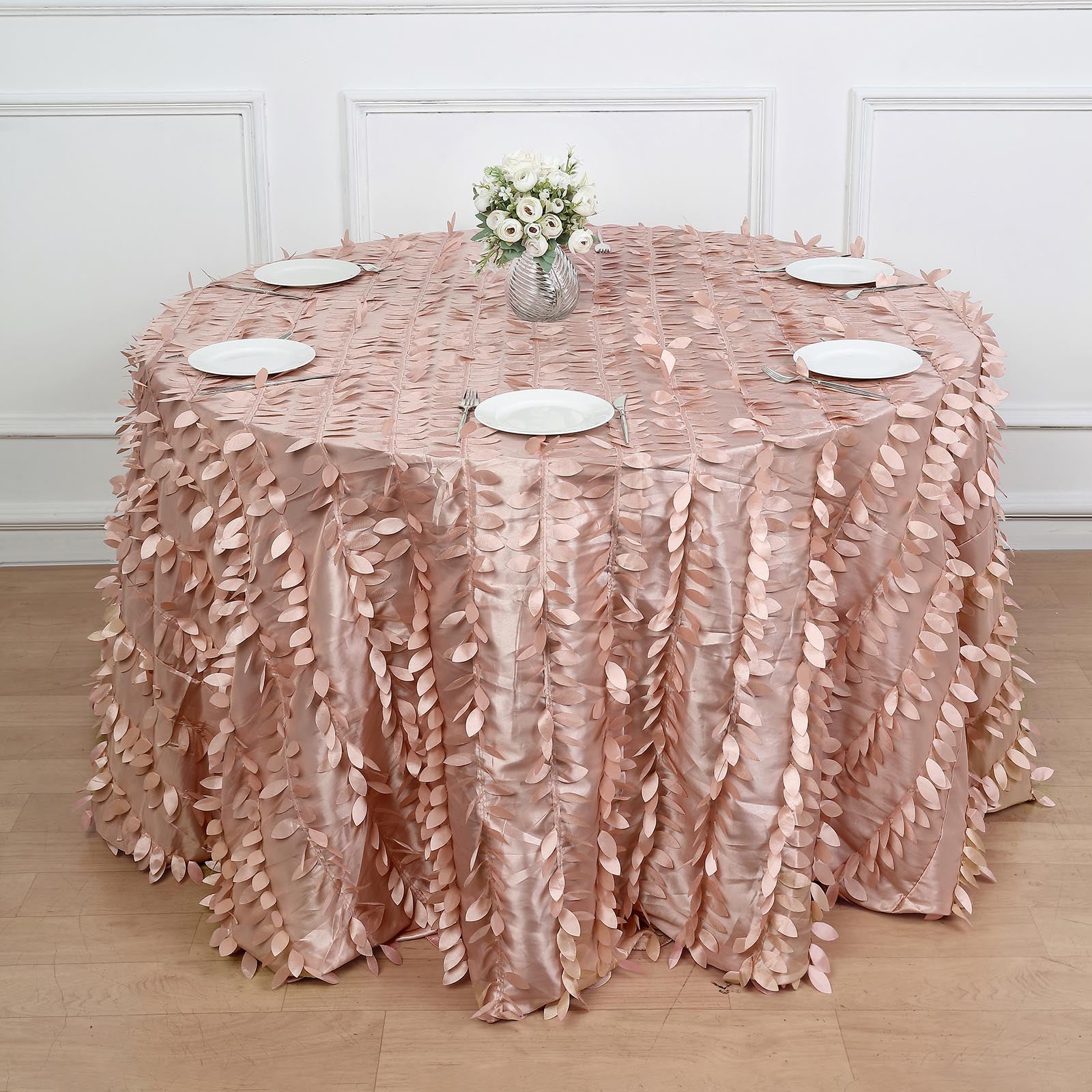 Dusty Rose Taffeta Round Tablecloth With 3D Leaf Petal Design