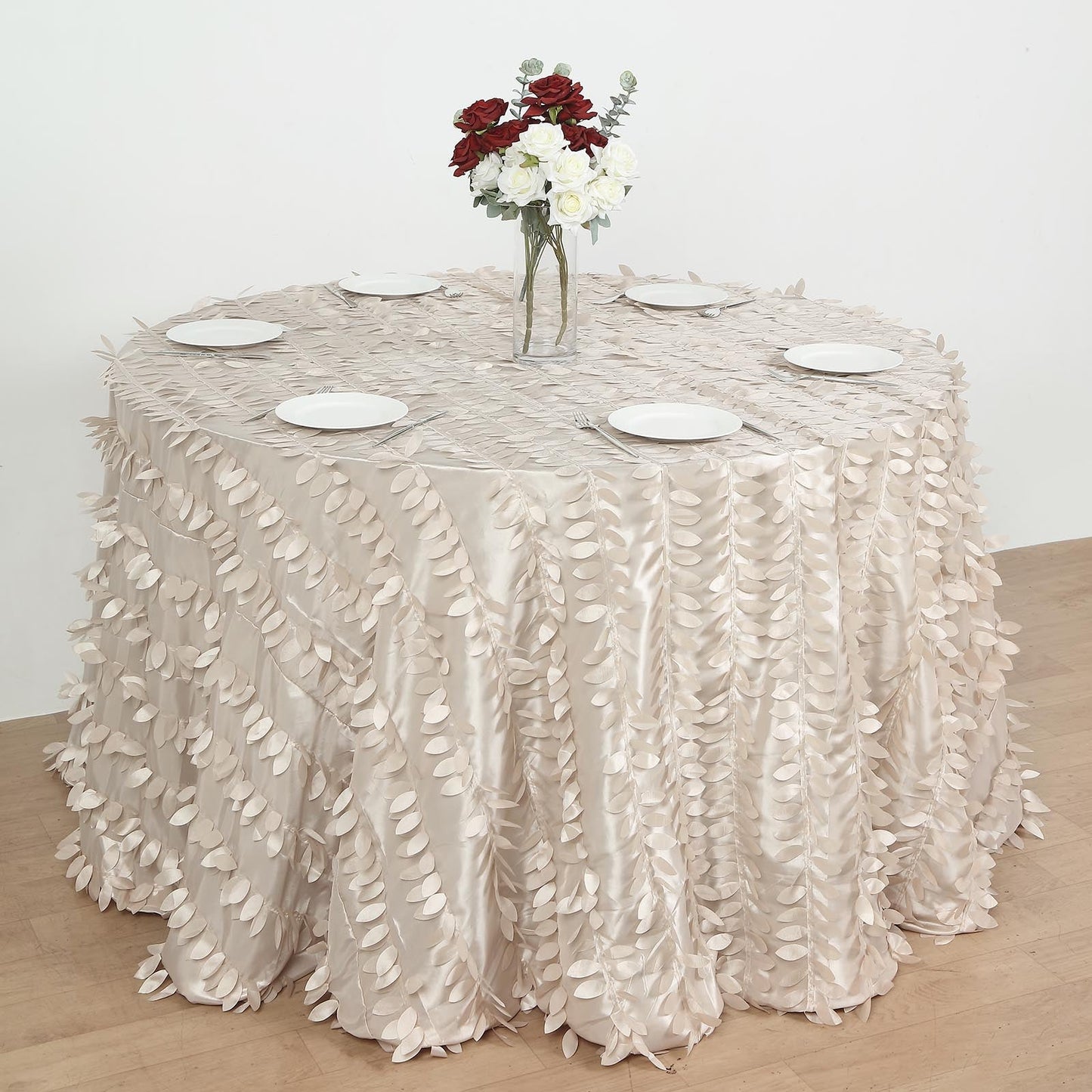 120 Inch Beige Round Tablecloth With Leaf Petals
