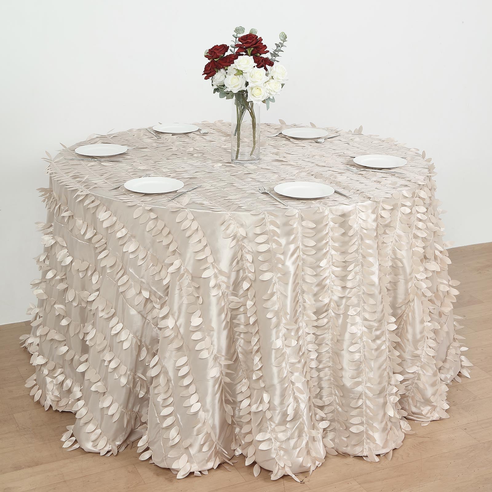 120 Inch Beige Round Tablecloth With Leaf Petals