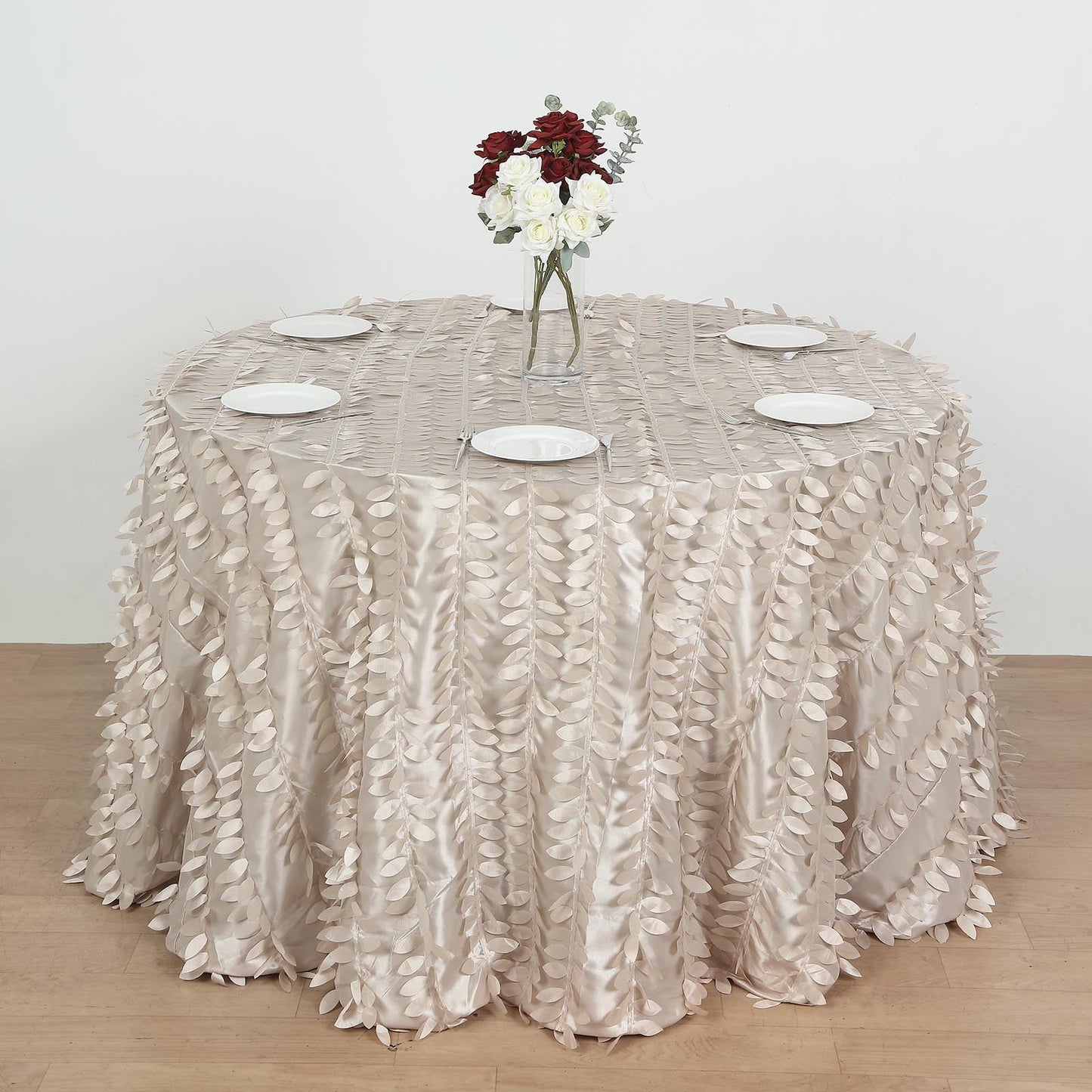 120" Beige 3D Leaf Petal Taffeta Fabric Seamless Round Tablecloth