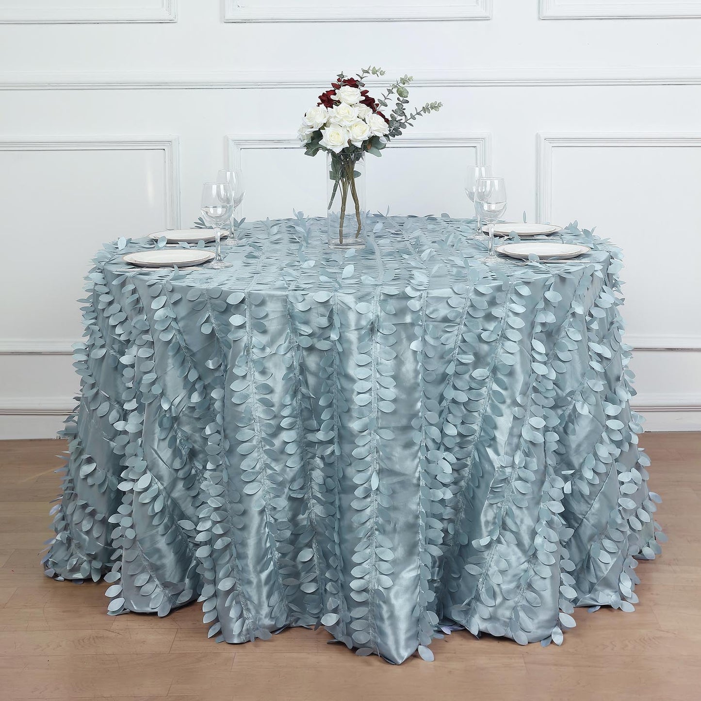Round 3D Leaf Petal Taffeta Fabric Dusty Blue Tablecloth - 120 Inch