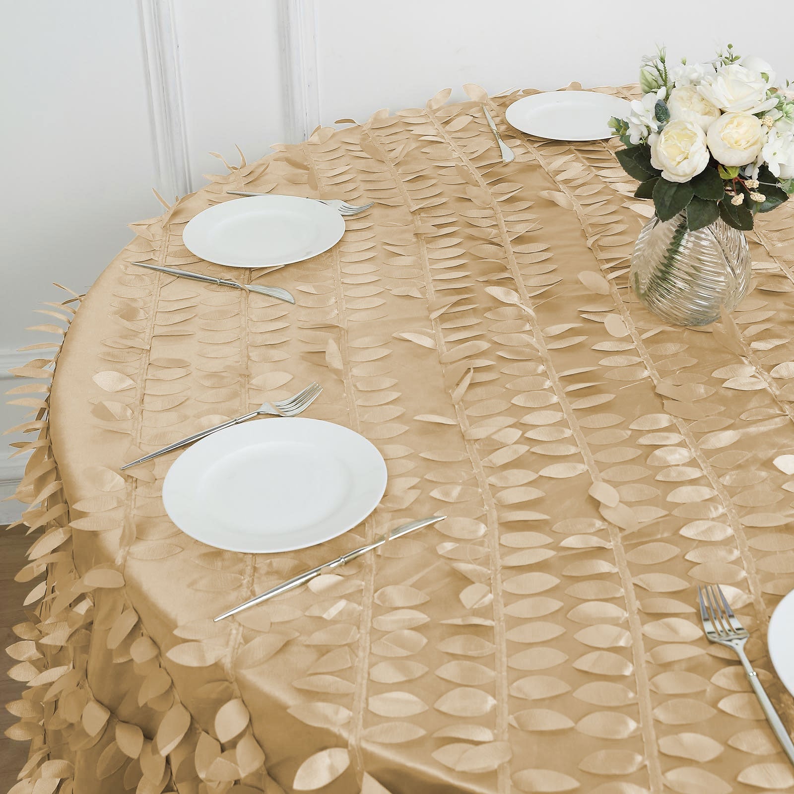 120 Inch-3D Leaf Design Champagne Taffeta Round Tablecloth