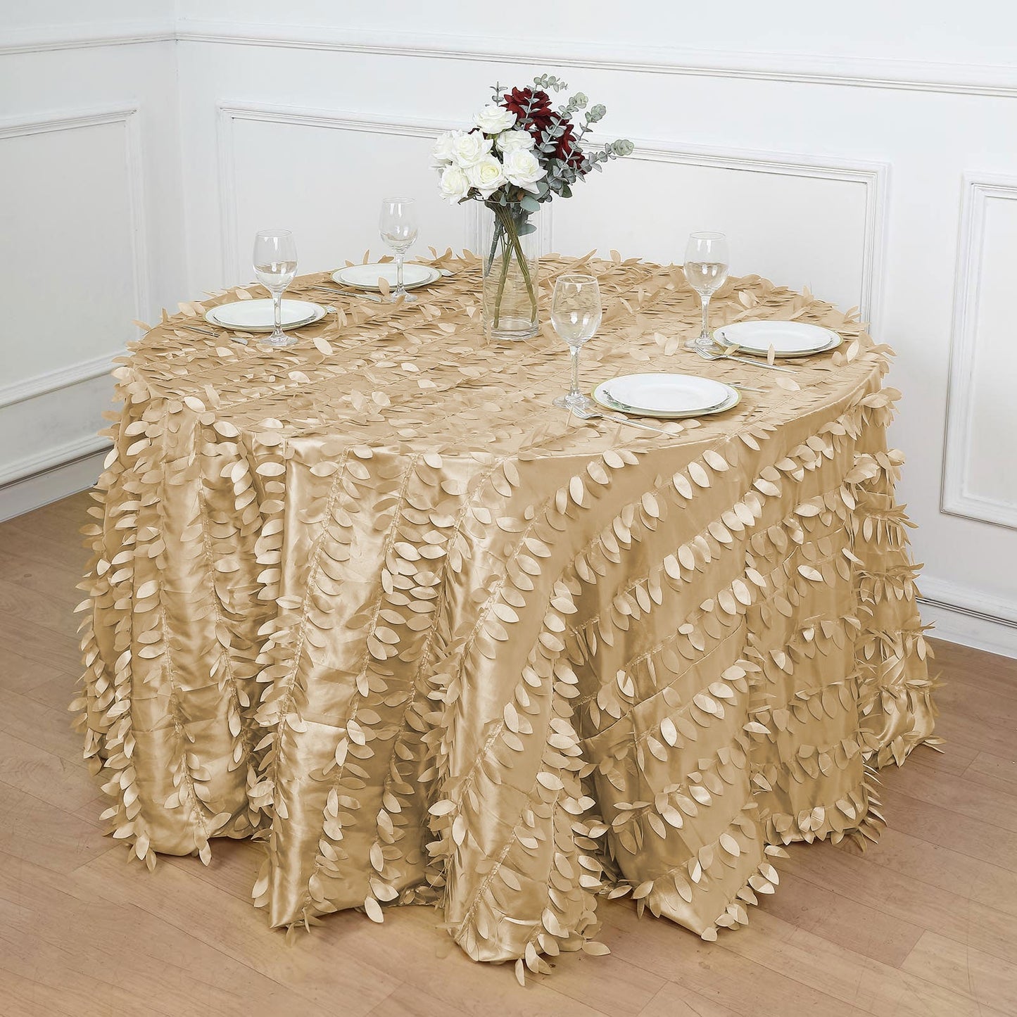120" Champagne 3D Leaf Petal Taffeta Fabric Seamless Round Tablecloth