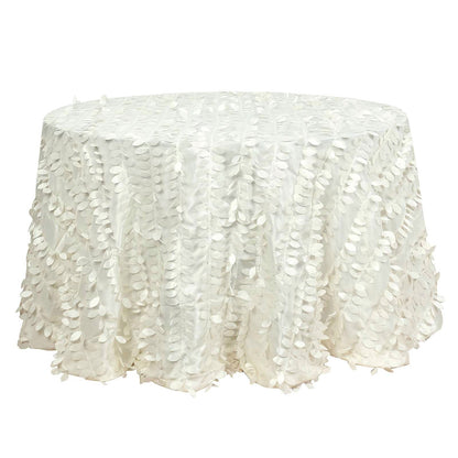 Ivory leaf petal taffeta round tablecloth for elegant table settings.