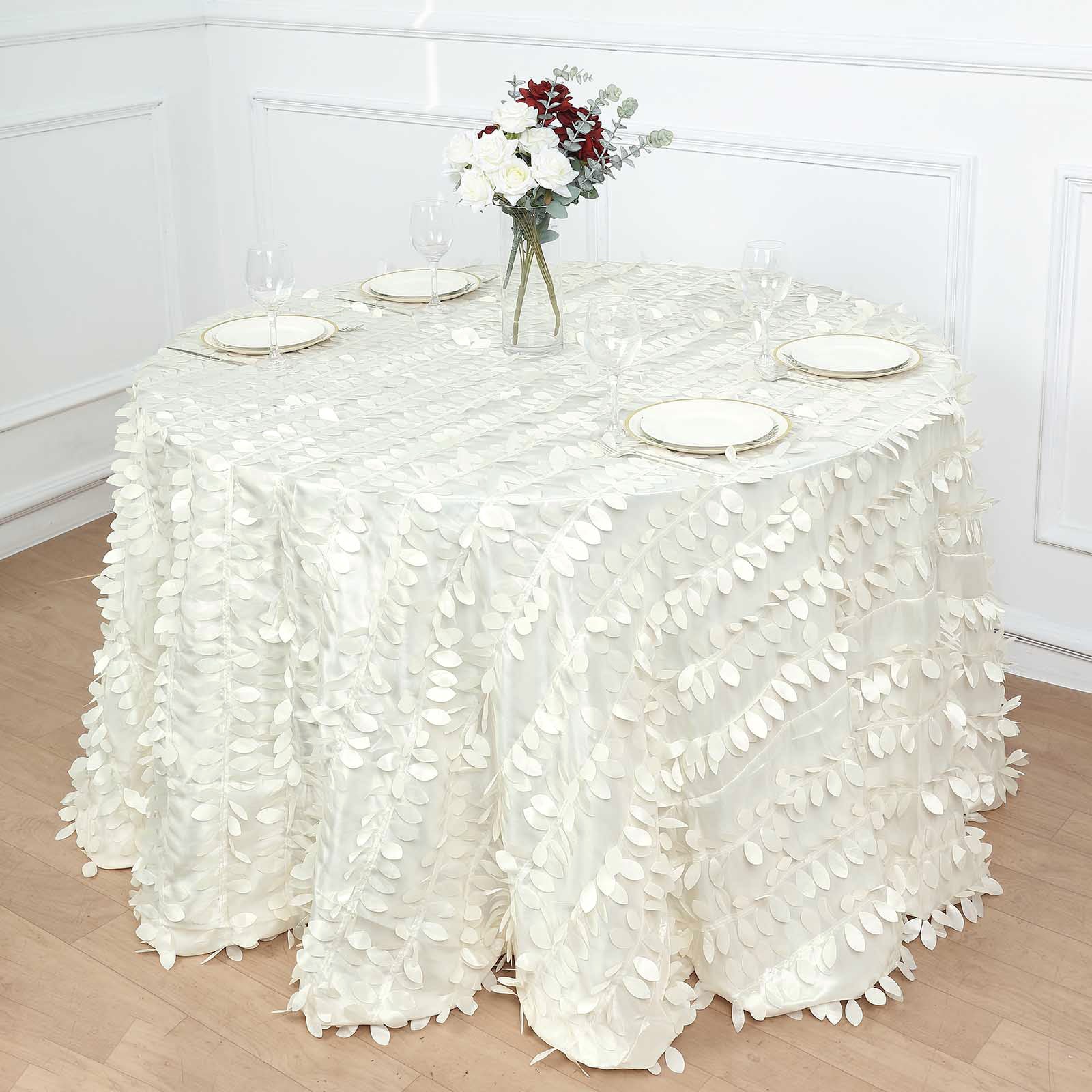Ivory leaf petal taffeta seamless round tablecloth on a dining table.