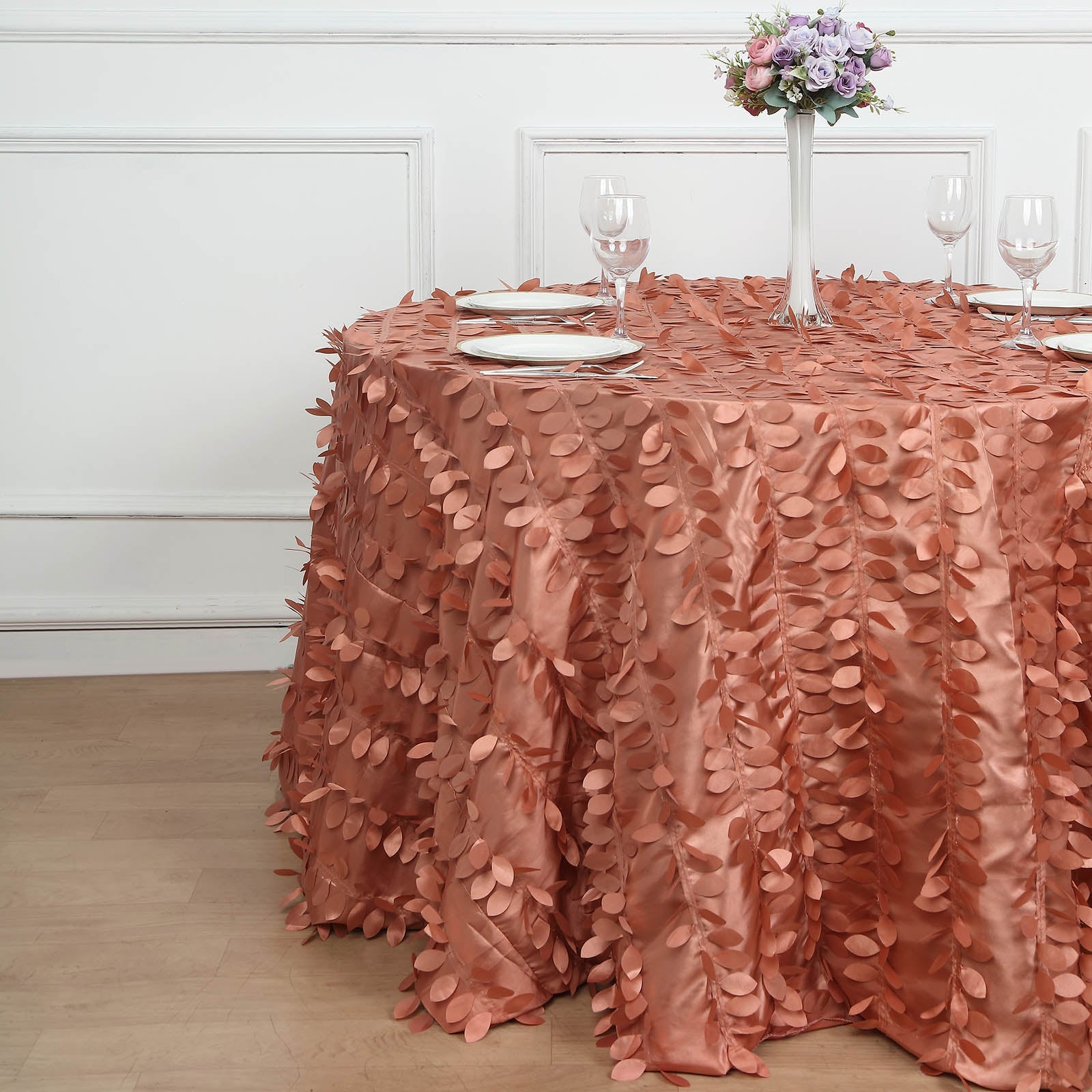 120inch Terracotta 3D Leaf Petal Taffeta Fabric Round Tablecloth