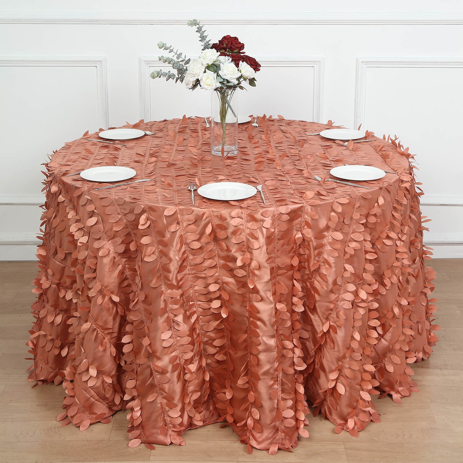 120inch Terracotta 3D Leaf Petal Taffeta Fabric Round Tablecloth