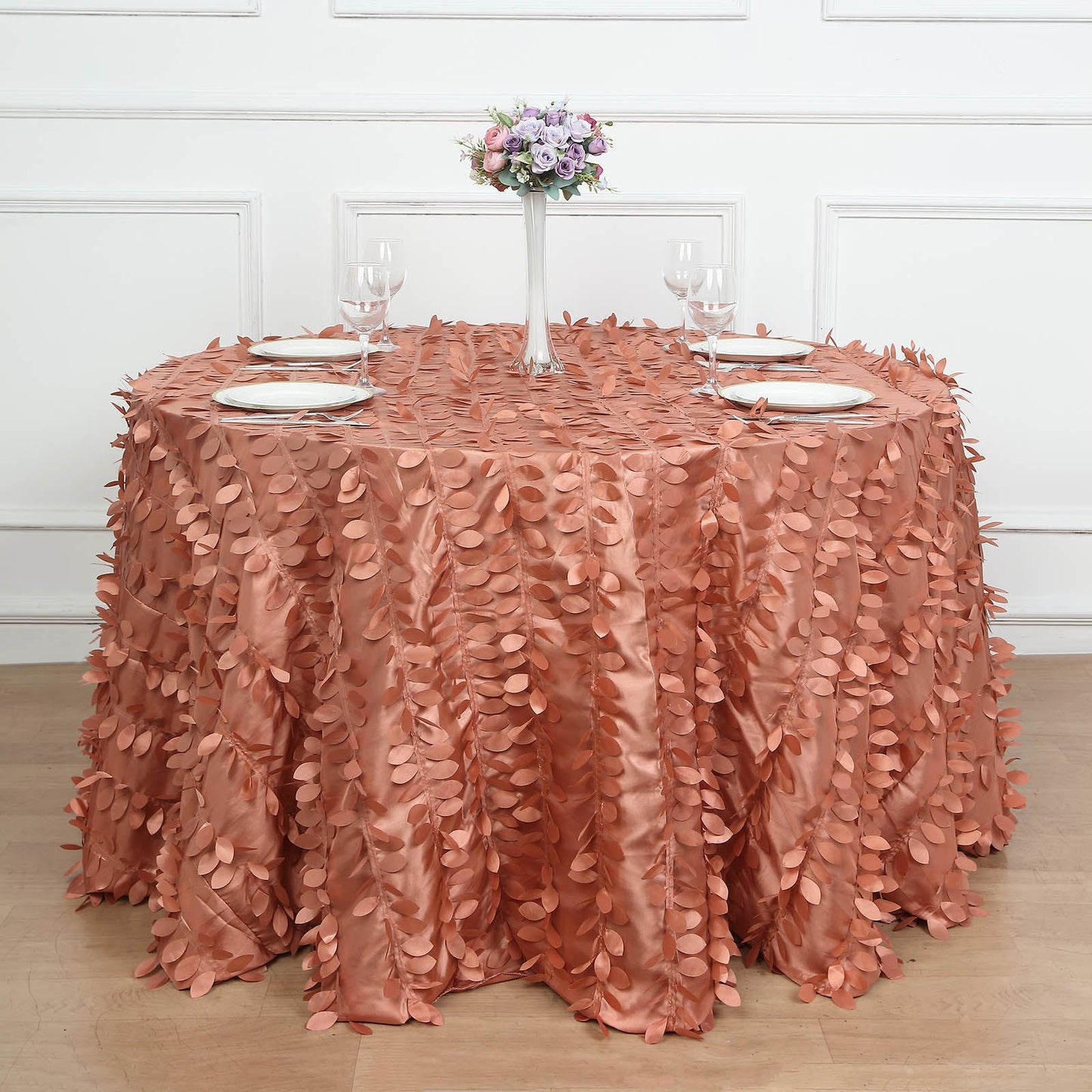 120" Terracotta (Rust) 3D Leaf Petal Taffeta Fabric Seamless Round Tablecloth
