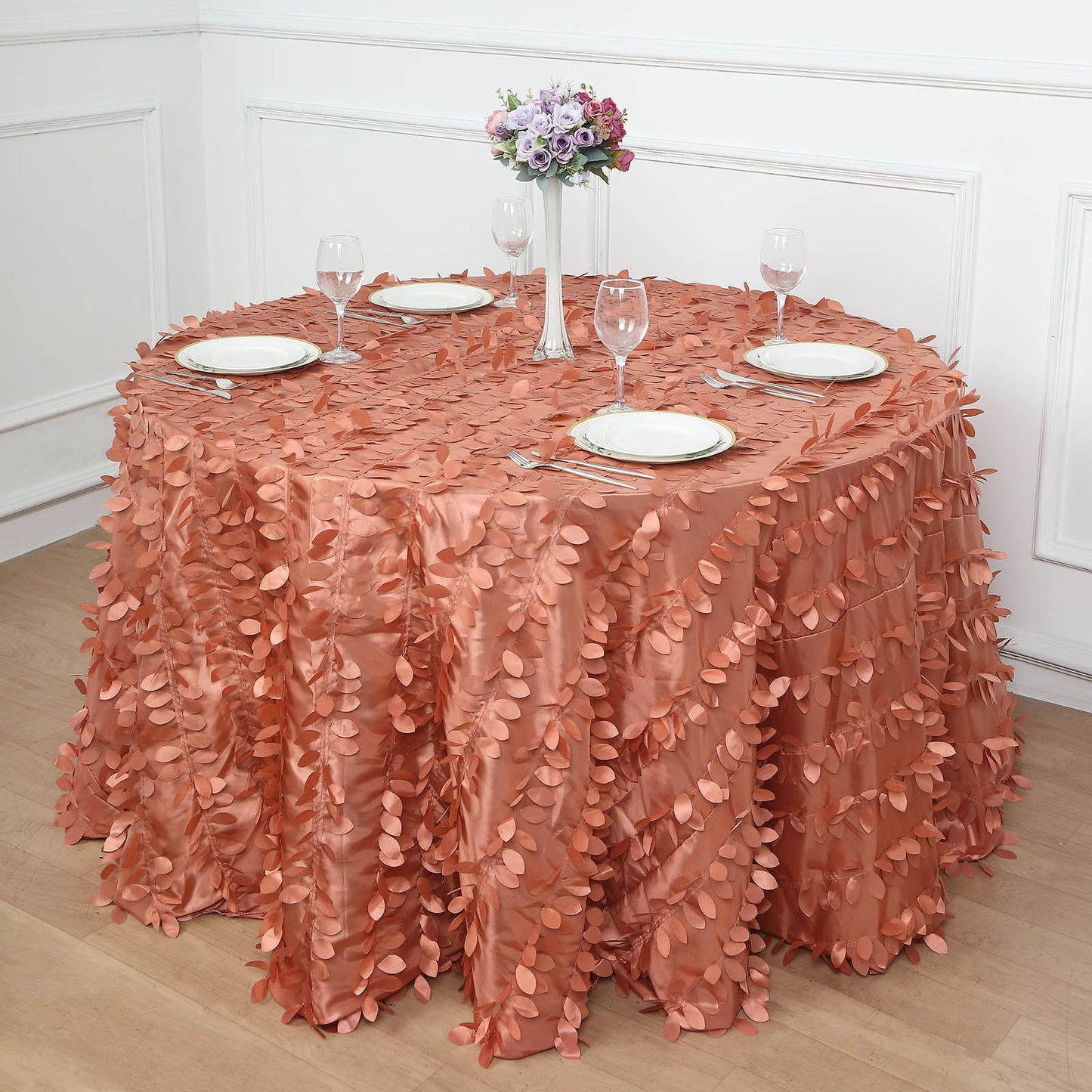 120inch Terracotta 3D Leaf Petal Taffeta Fabric Round Tablecloth