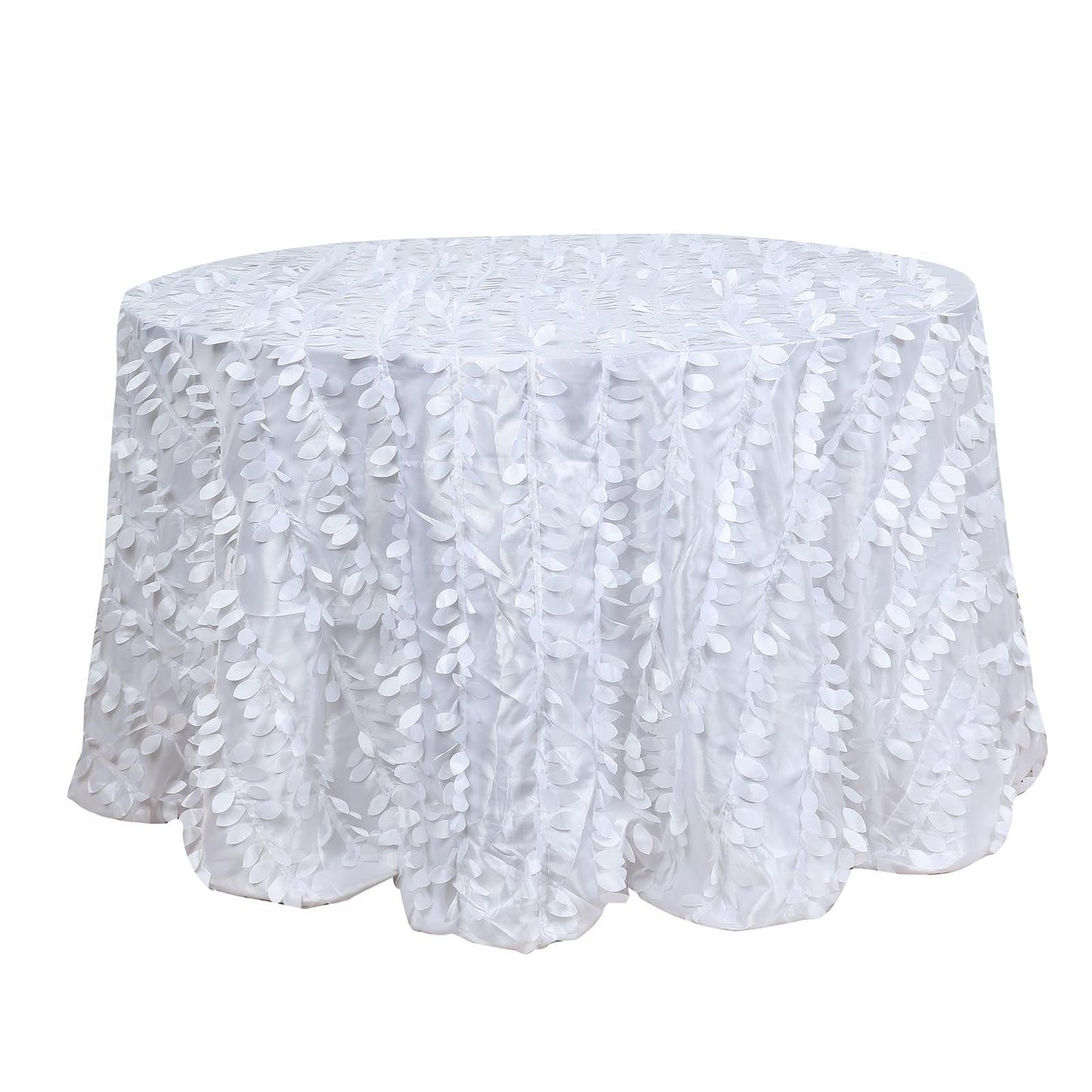120 Inch Round White Tablecloth with 3D Leaf Petal Taffeta Fabric