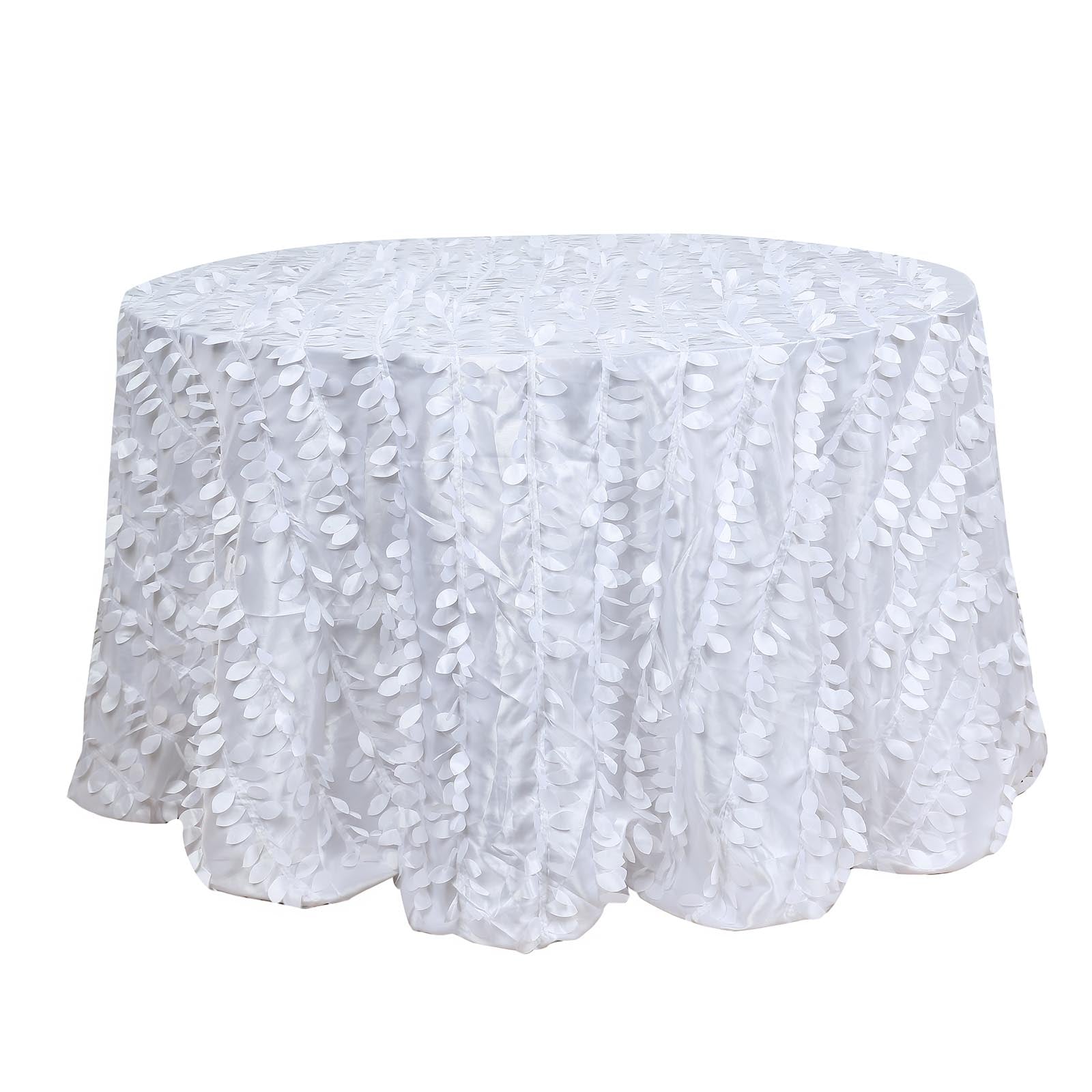 120 Inch Round White Tablecloth with 3D Leaf Petal Taffeta Fabric