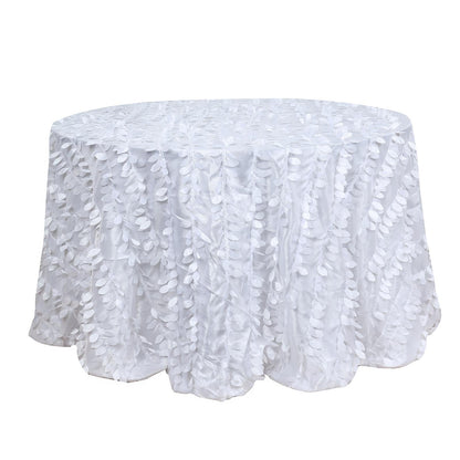 120 Inch Round White Tablecloth with 3D Leaf Petal Taffeta Fabric