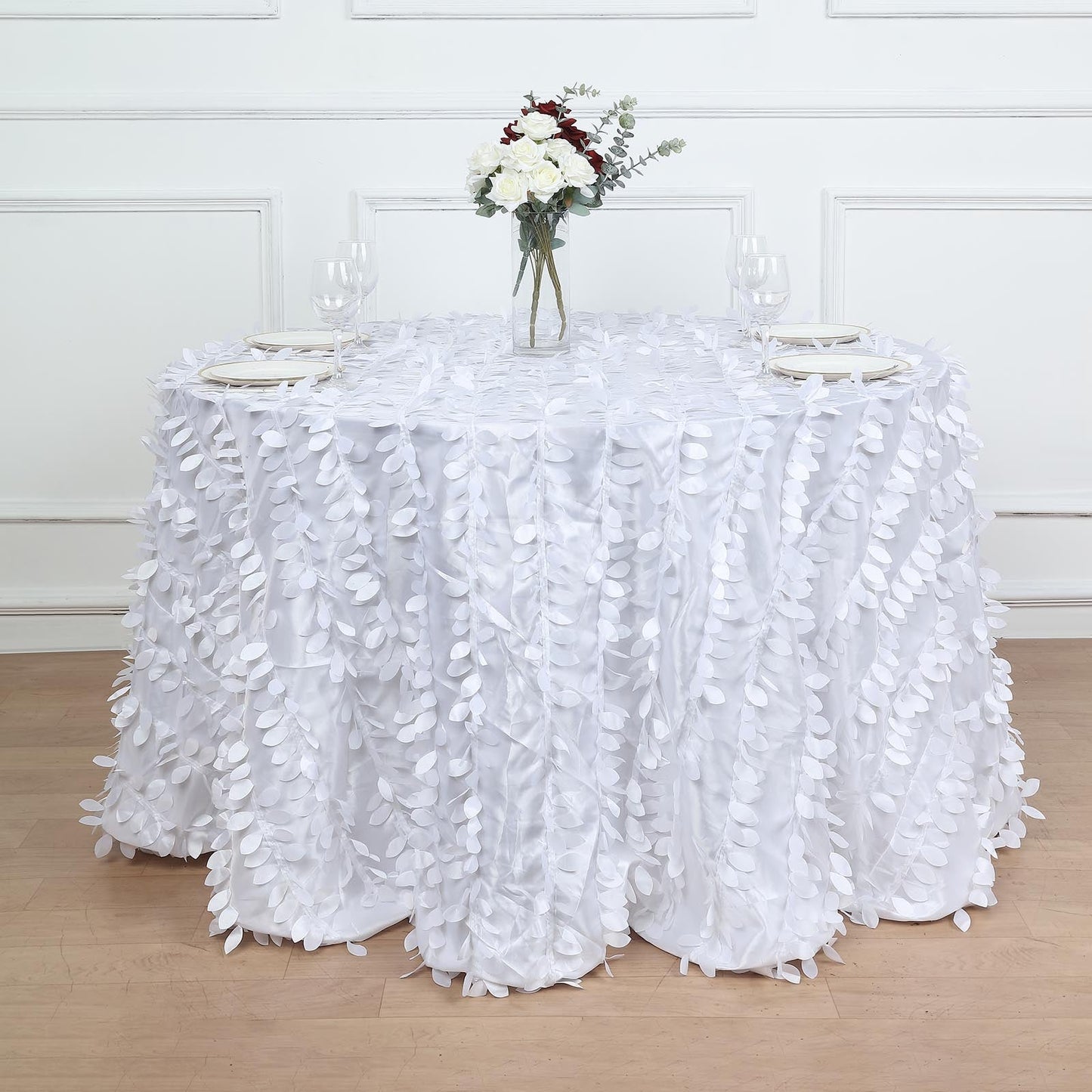 White Round 3D Leaf Petal Taffeta Fabric Tablecloth 120 Inch