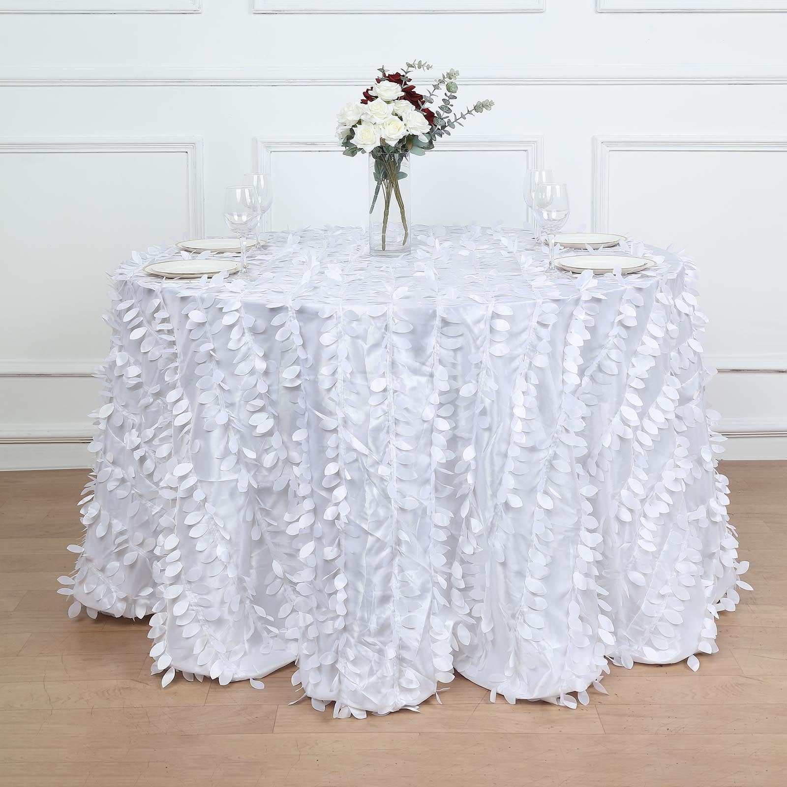 White Round 3D Leaf Petal Taffeta Fabric Tablecloth 120 Inch