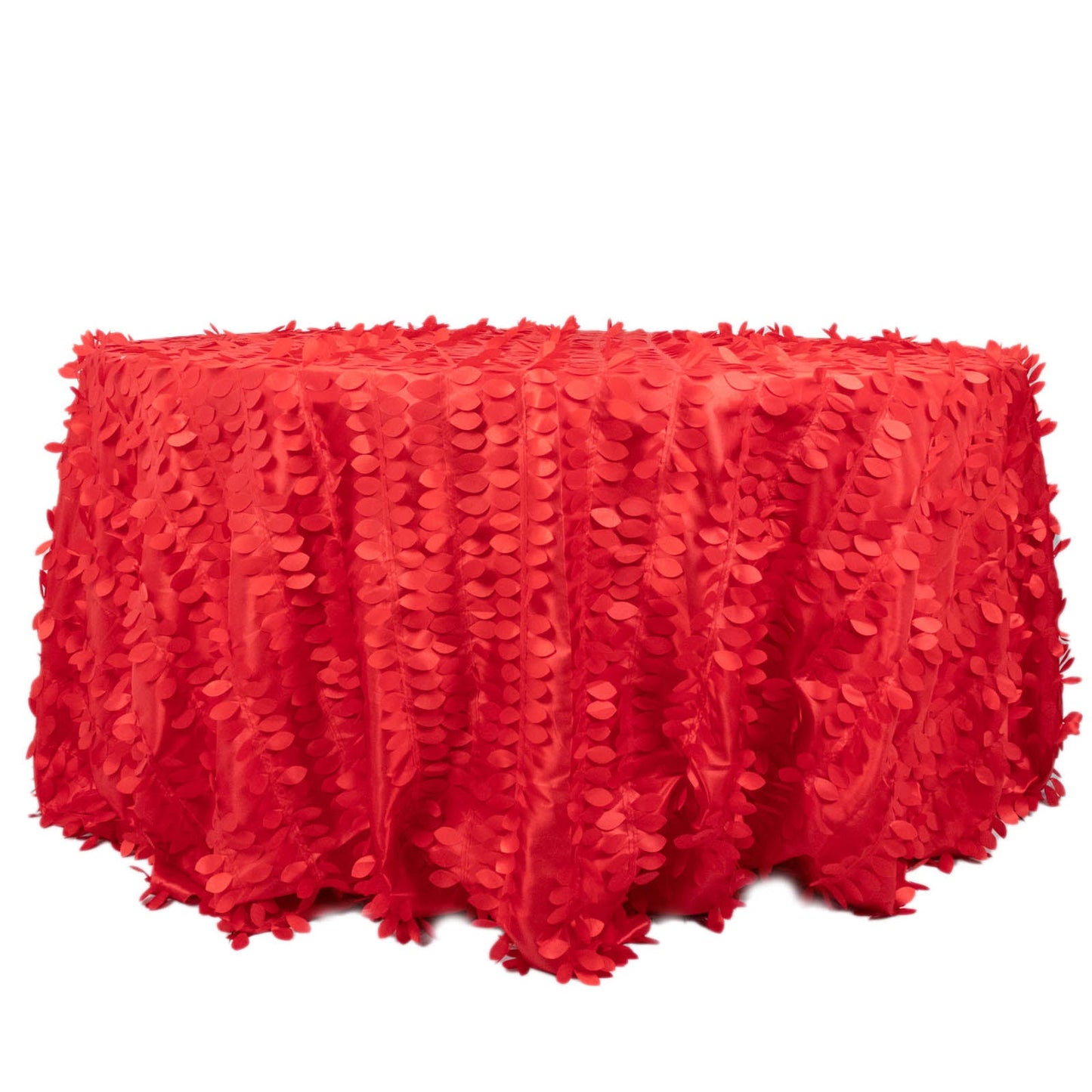 Red Taffeta Round Tablecloth 3D Leaf Petals - 132 Inch 