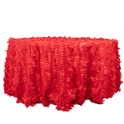 Red Taffeta Round Tablecloth 3D Leaf Petals - 132 Inch 