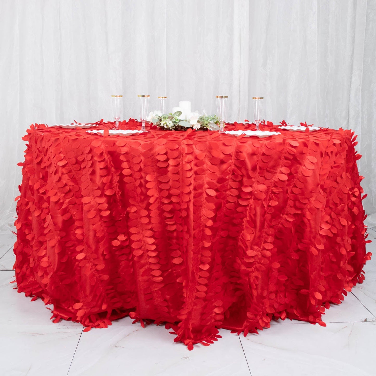 132 Inch - Red Round Taffeta 3D Leaf Petal Tablecloth 