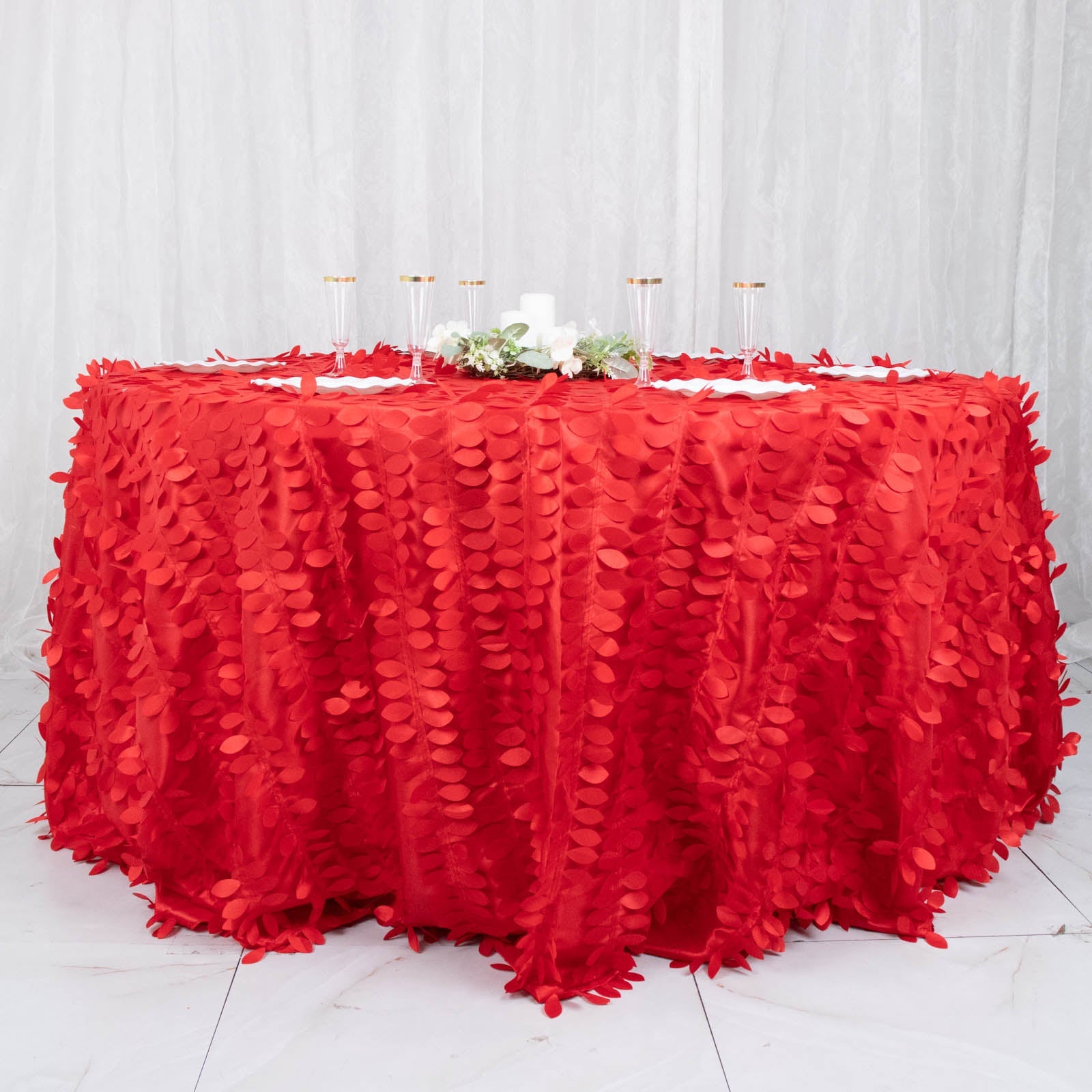 132 Inch - Red Round Taffeta 3D Leaf Petal Tablecloth 