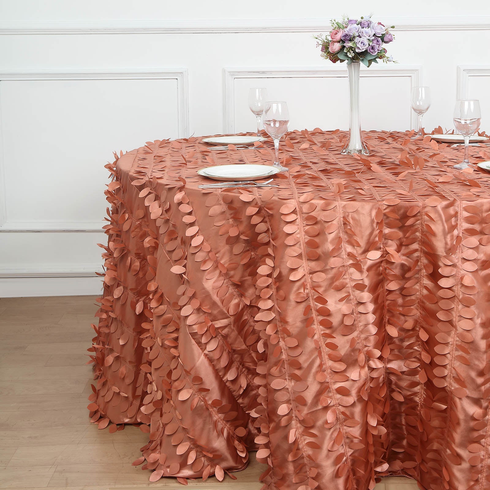 132inch Terracotta 3D Leaf Petal Taffeta Fabric Round Tablecloth