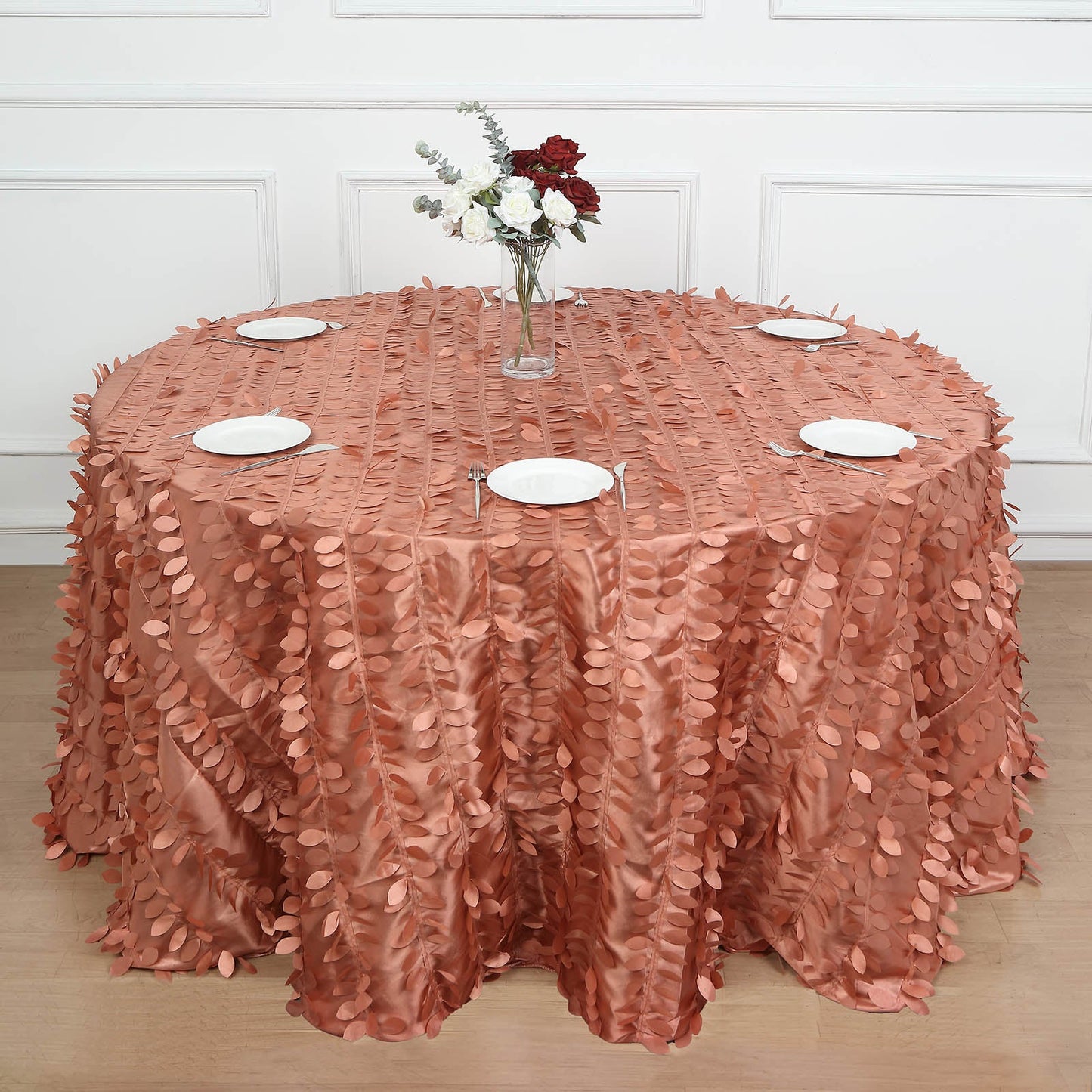 132inch Terracotta 3D Leaf Petal Taffeta Fabric Round Tablecloth