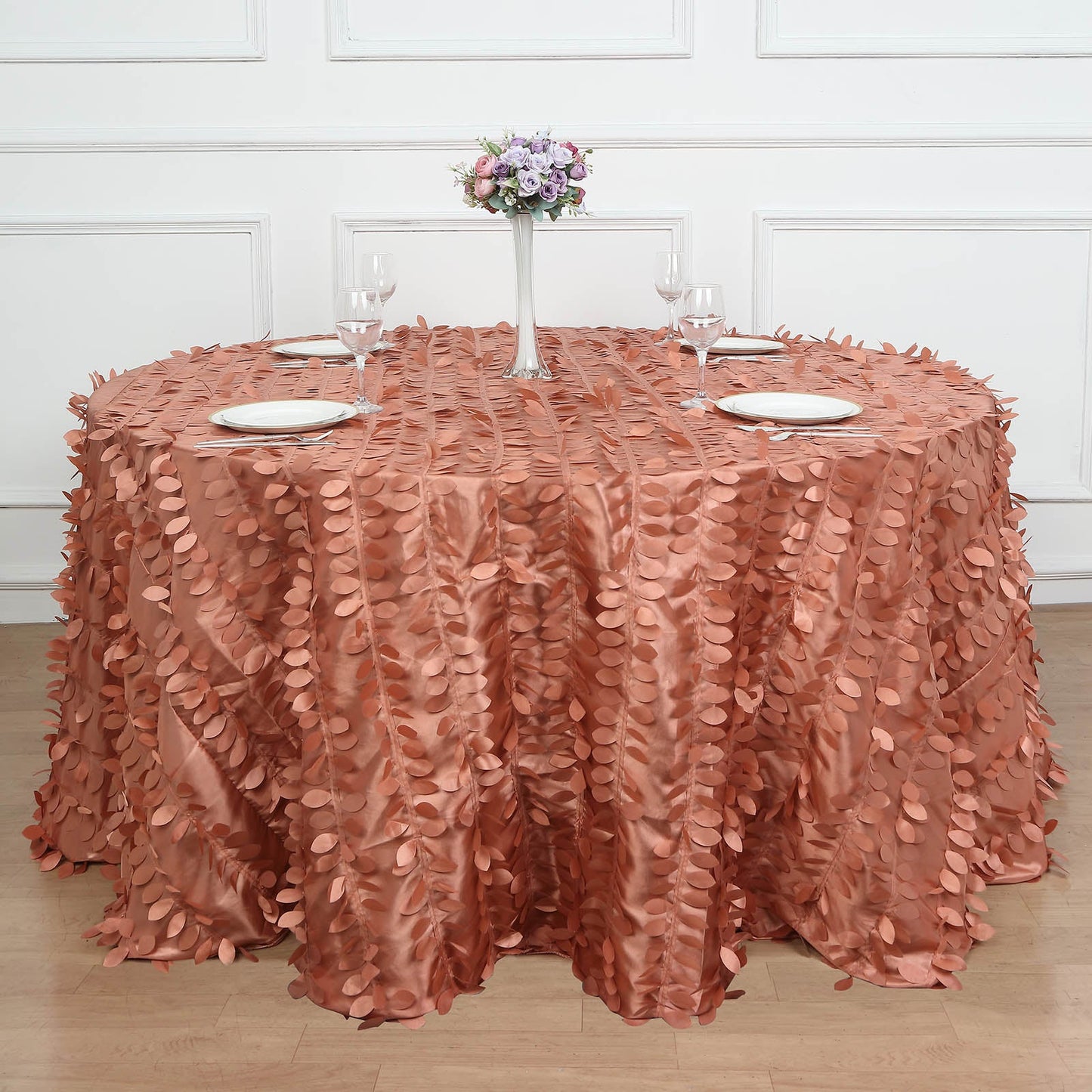 132" Terracotta (Rust) 3D Leaf Petal Taffeta Fabric Seamless Round Tablecloth