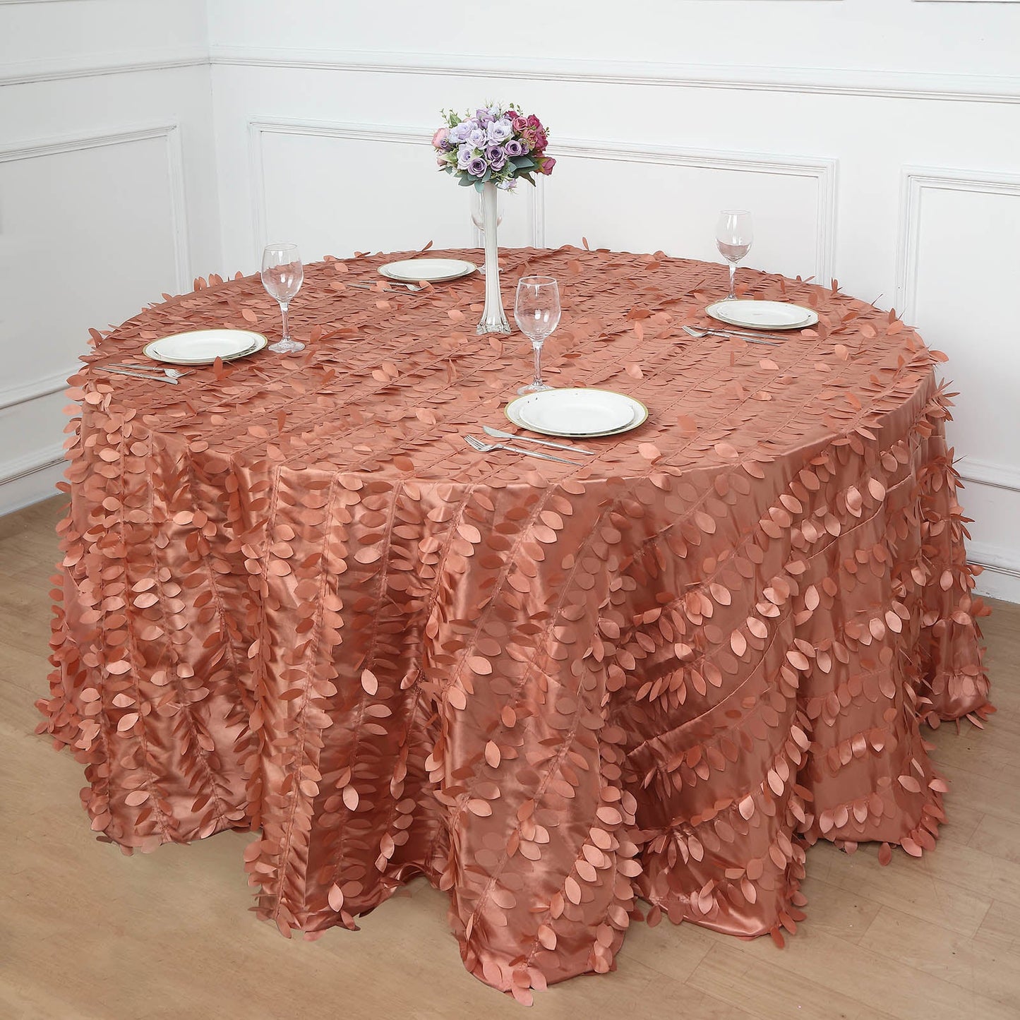 132inch Terracotta 3D Leaf Petal Taffeta Fabric Round Tablecloth