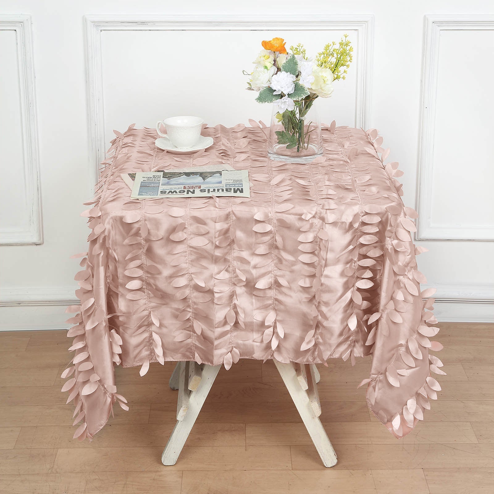54inch Dusty Rose 3D Leaf Petal Taffeta Fabric Square Tablecloth